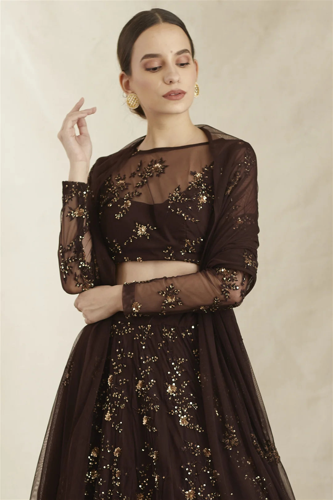 Dark Coffee Thread Work Lehenga Set