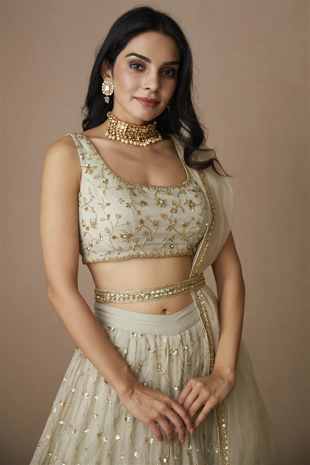 LIGHT GREY ORGANZA LEHENGA SET