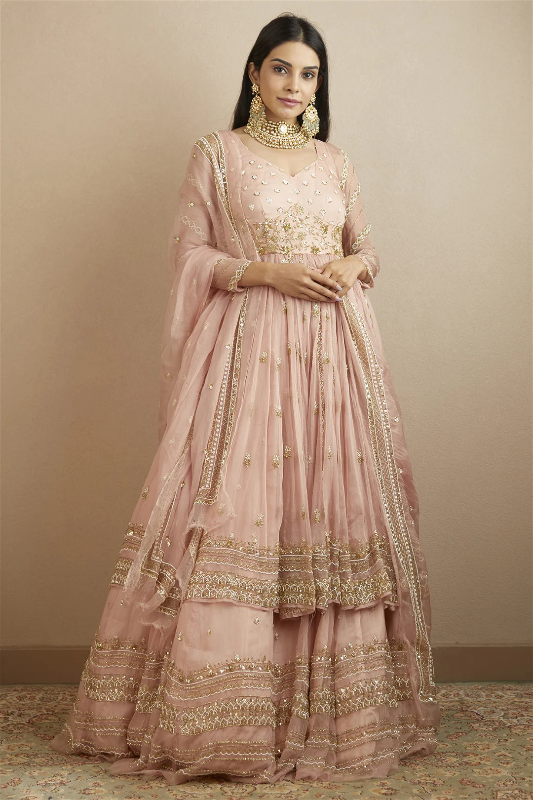 BLUSH PINK ORGANZA ANARKALI WITH LEHENGA SET