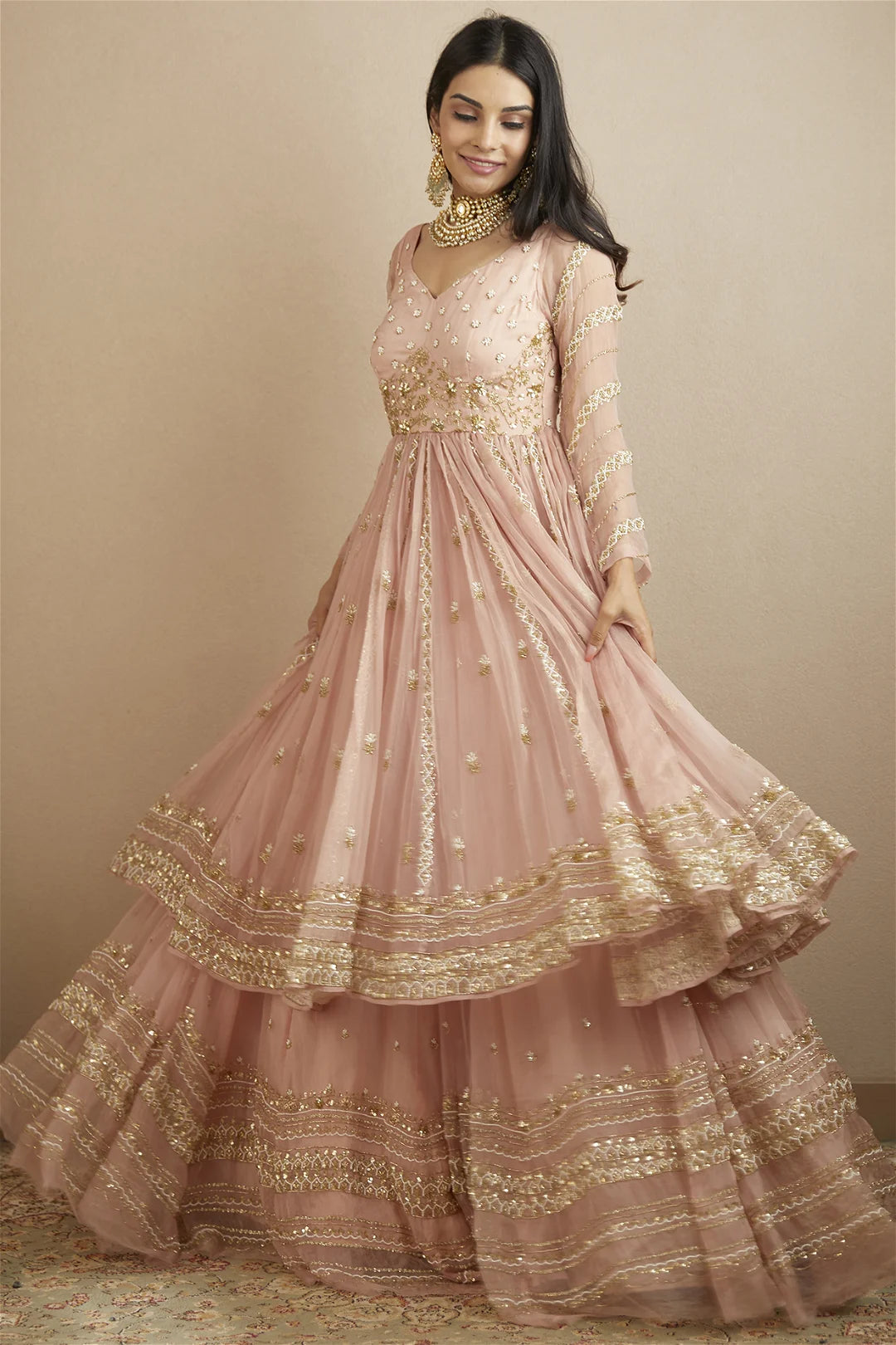 BLUSH PINK ORGANZA ANARKALI WITH LEHENGA SET