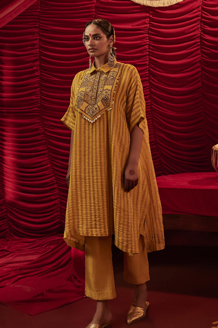 Elegant Yellow Silk Embroidered Kurta Pant Set for Women Festive Wear