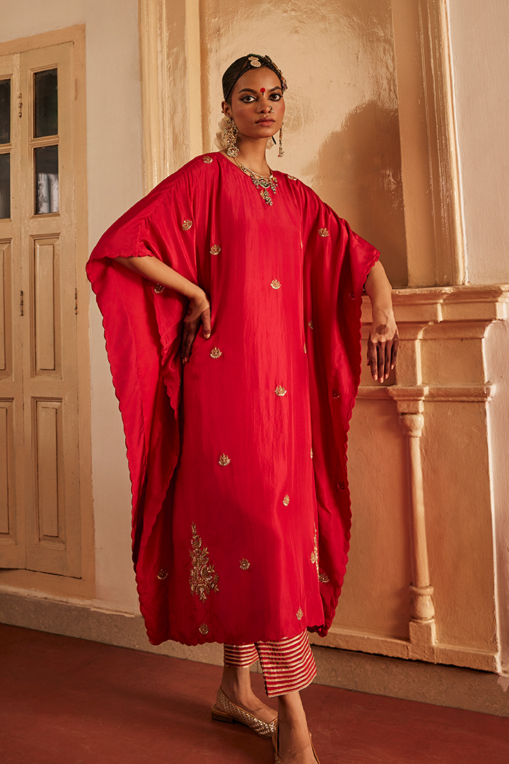 Luxurious Red Silk Kaftan Pant Set with Handwoven Marodi Zardozi Embroidery