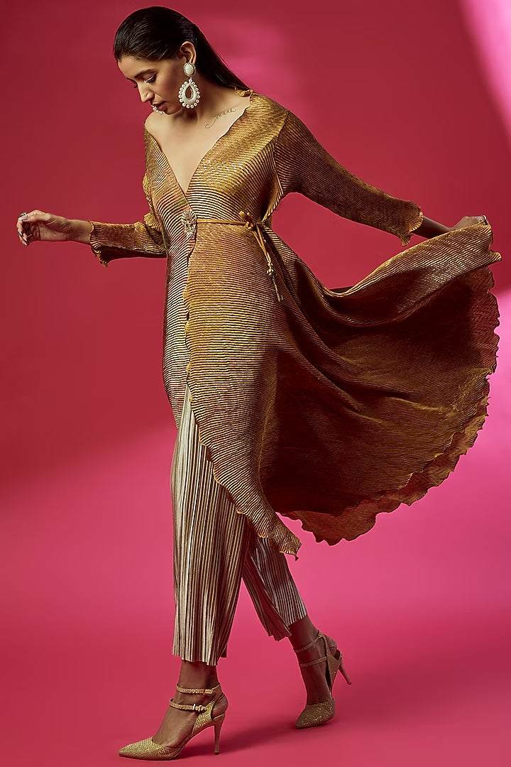 Mustard Pleated Polyester Digital Printed Angrakha Kurta