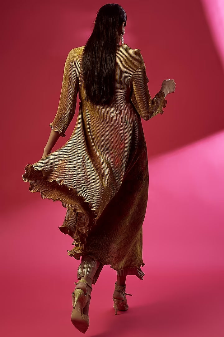 Mustard Pleated Polyester Digital Printed Angrakha Kurta