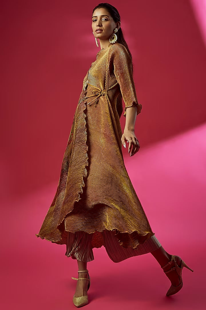 Mustard Pleated Polyester Digital Printed Angrakha Kurta