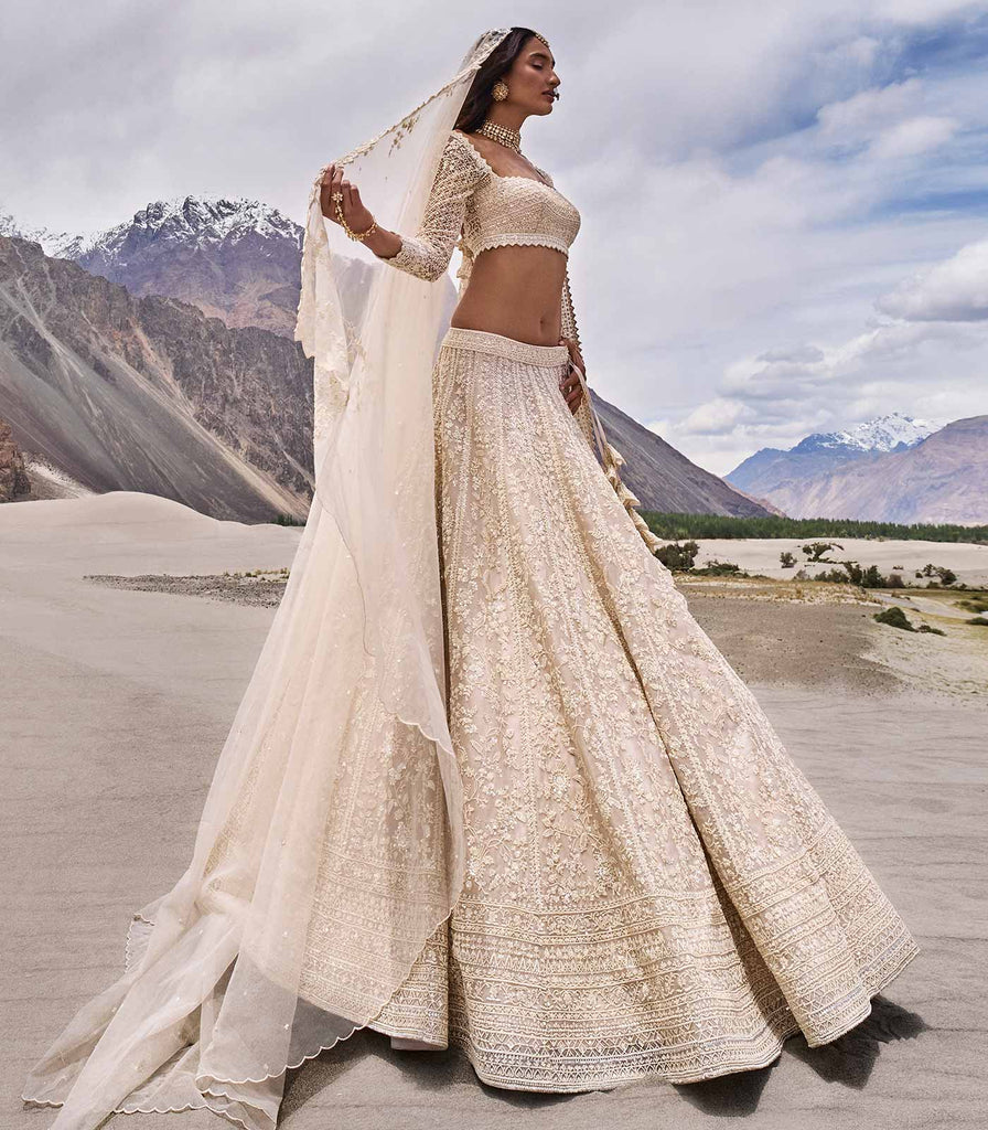 Ivory Organza Leh Saahira Lehenga Set | Deval Store