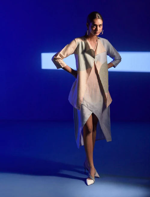 Symmetric tulip-cut dress with dupion silk crop jacket