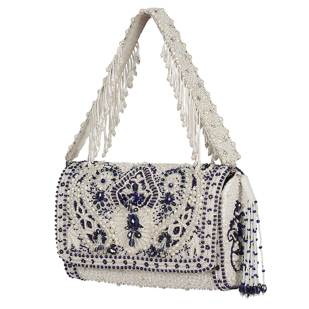 BIJOUX FLAPOVER CLUTCH PRISTINE IVORY LAPIS BLUE WITH HANDLE