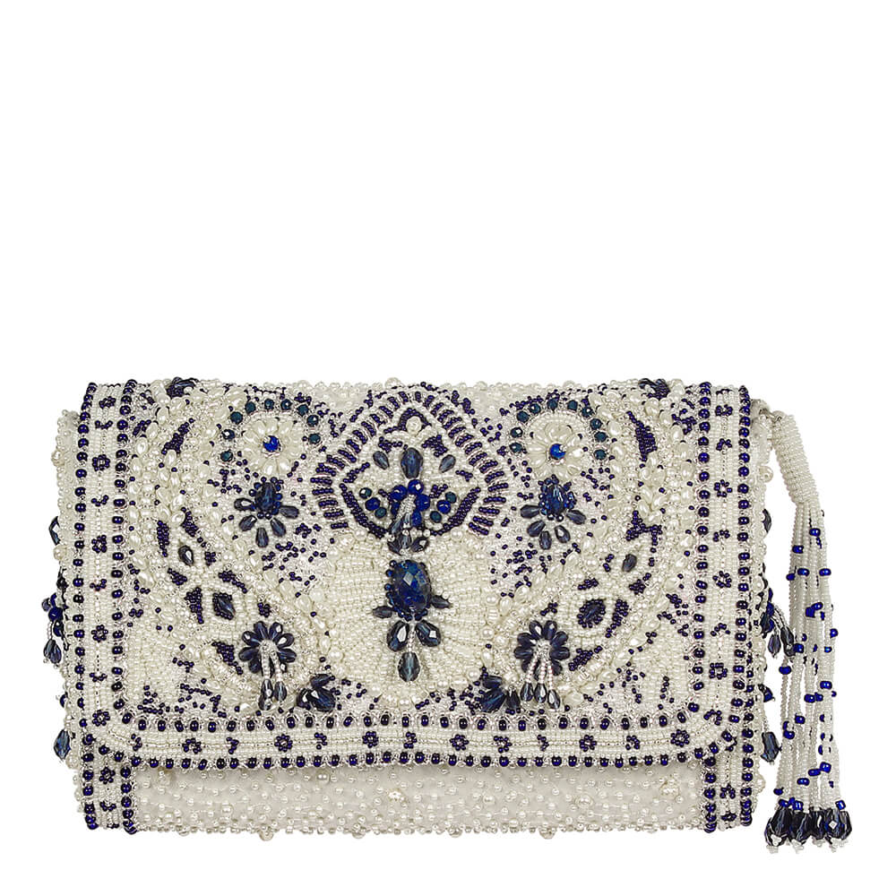 BIJOUX FLAPOVER CLUTCH PRISTINE IVORY LAPIS BLUE WITH HANDLE