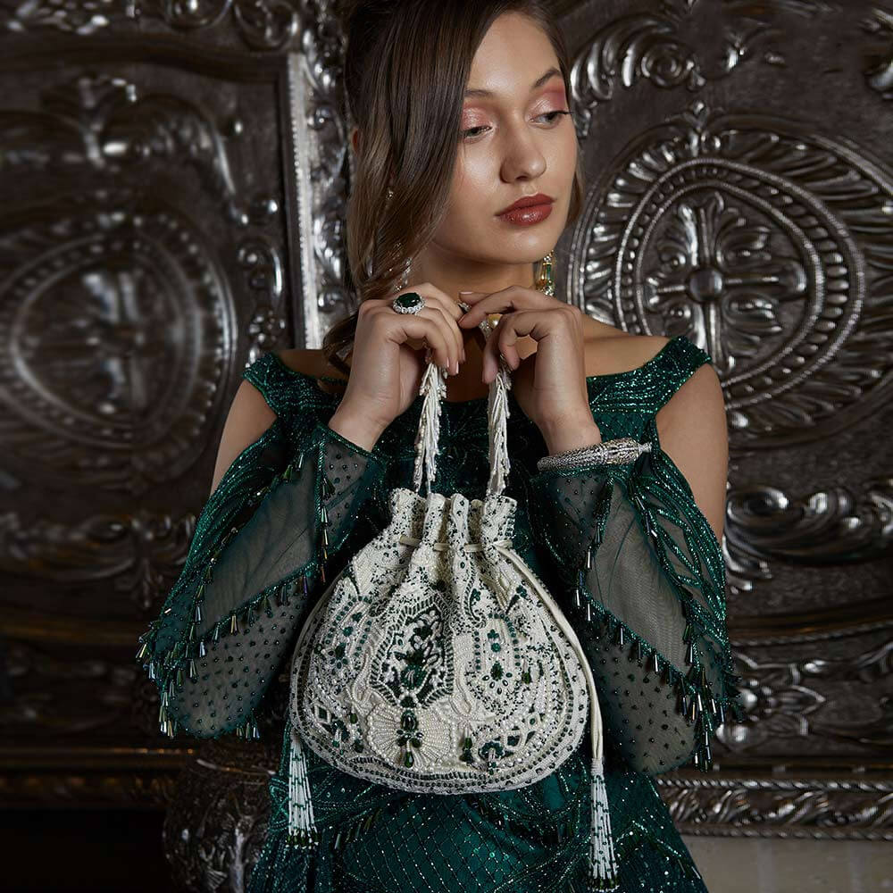 Bijoux Potli Pristine Ivory Emerald Green With Handle