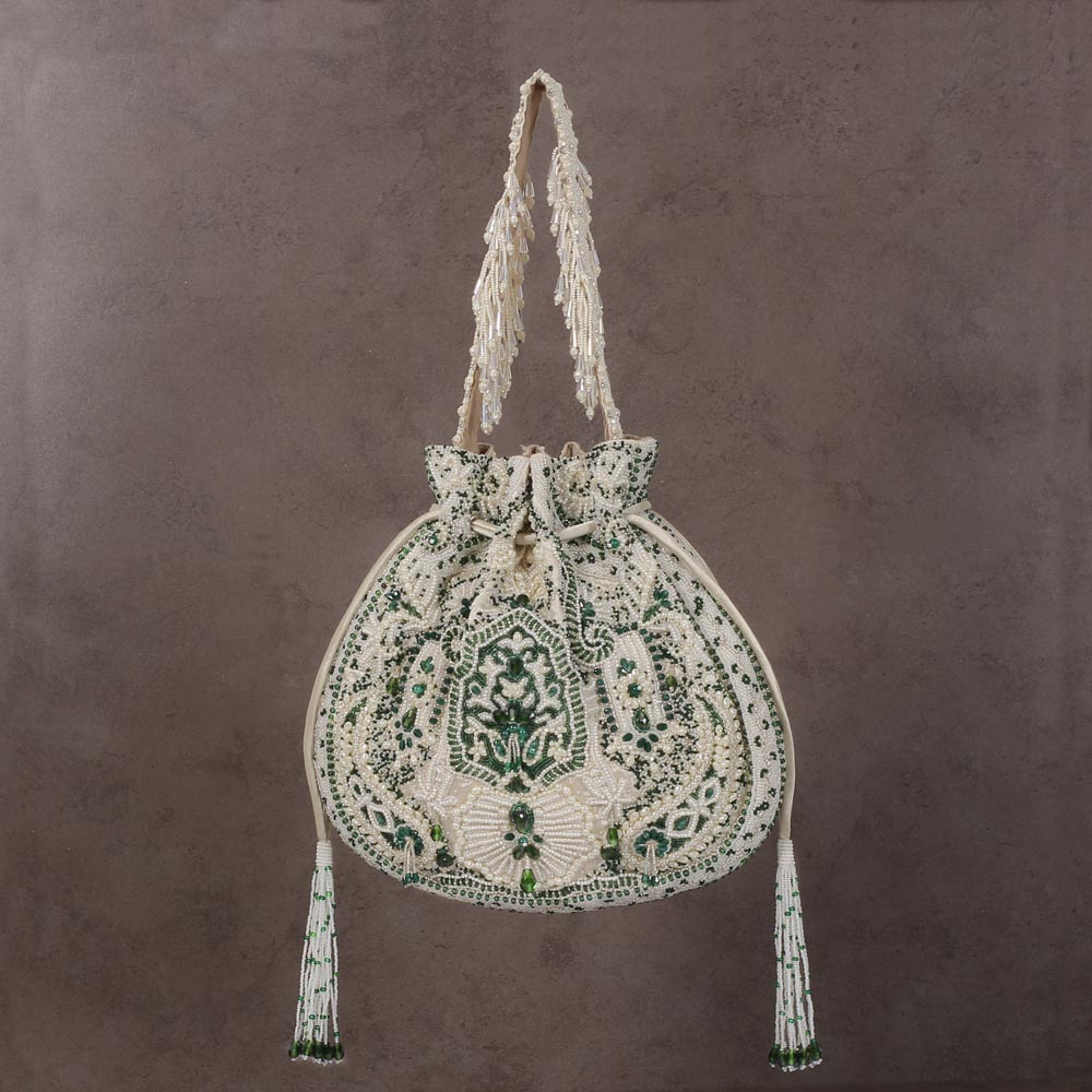 Bijoux Potli Pristine Ivory Emerald Green With Handle