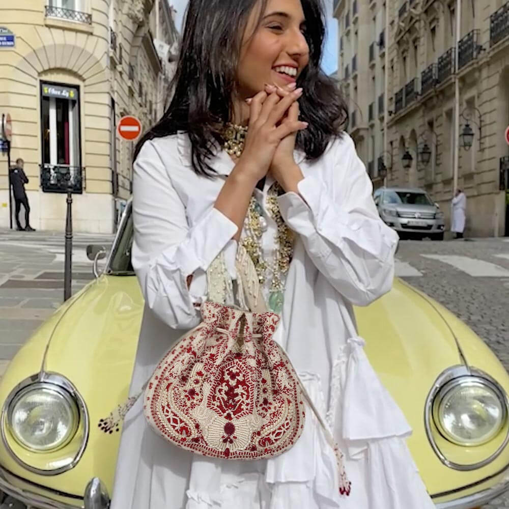 Bijoux Potli Pristine Ivory Ruby Red With Handle