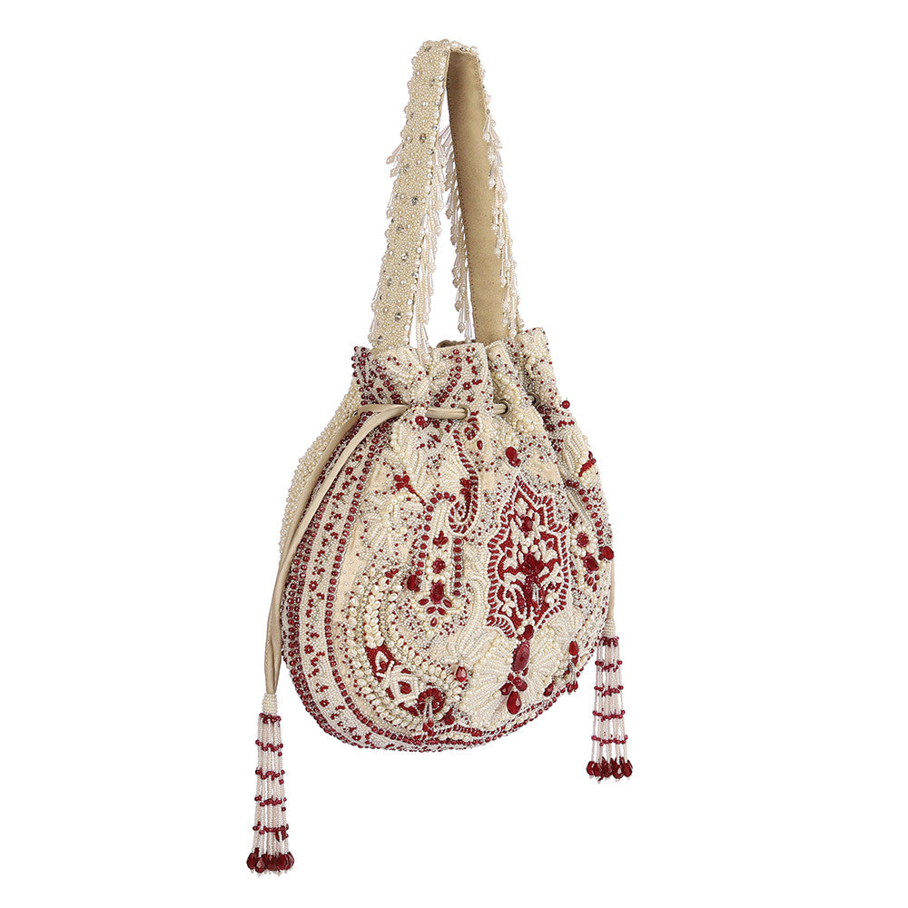 Bijoux Potli Pristine Ivory Ruby Red With Handle