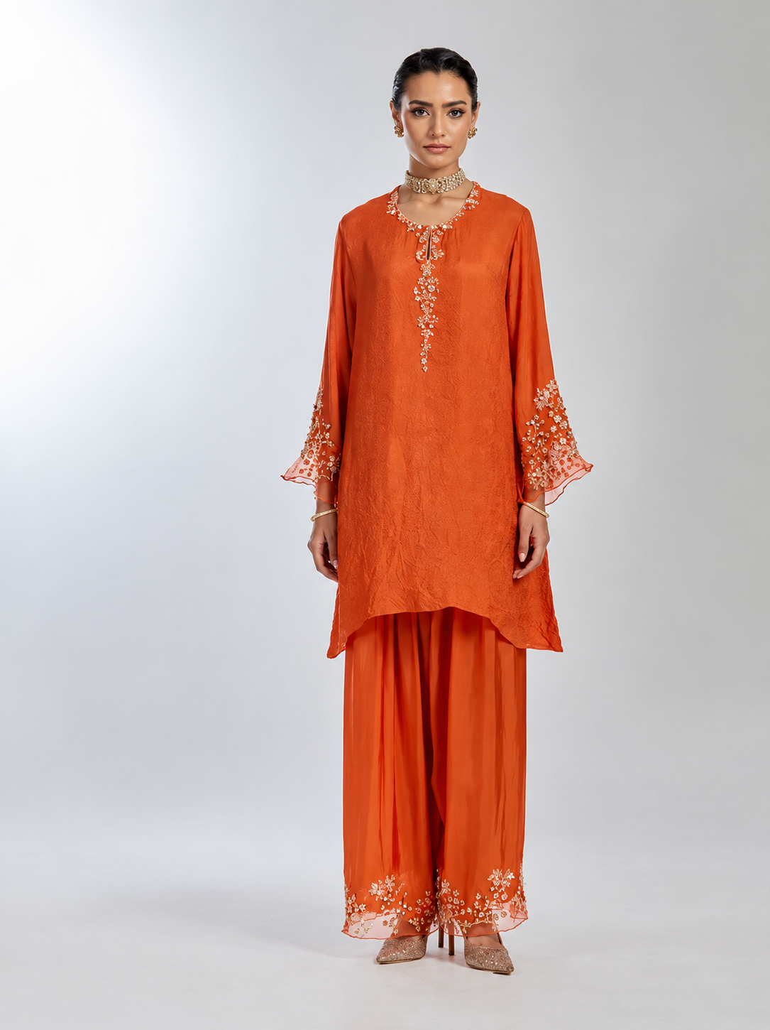 Poppy color dupatta in silk organza with intricate hand embroidered edging