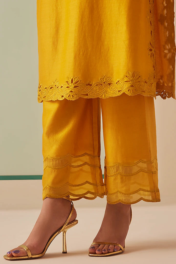 Mustard Chanderi Embroidered Kurta Set