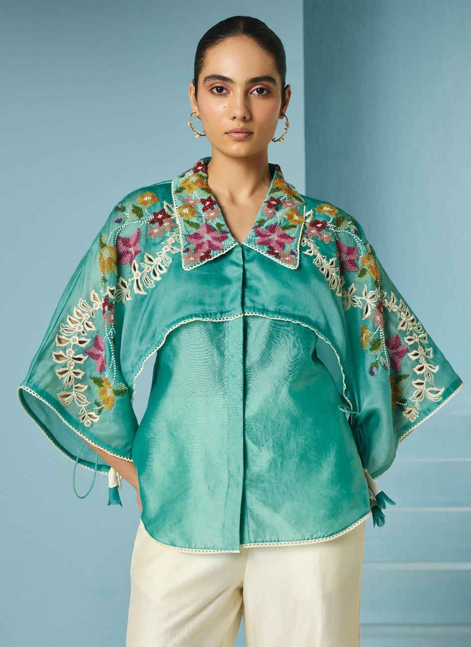 AQUA FLORAL BEADWORK LAYERED SHIRT
