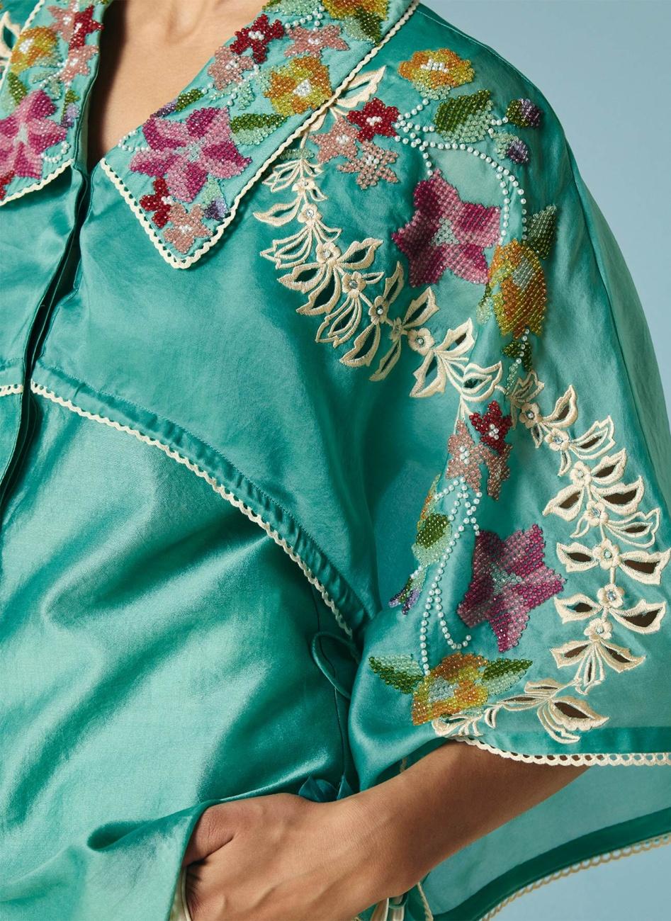 AQUA FLORAL BEADWORK LAYERED SHIRT