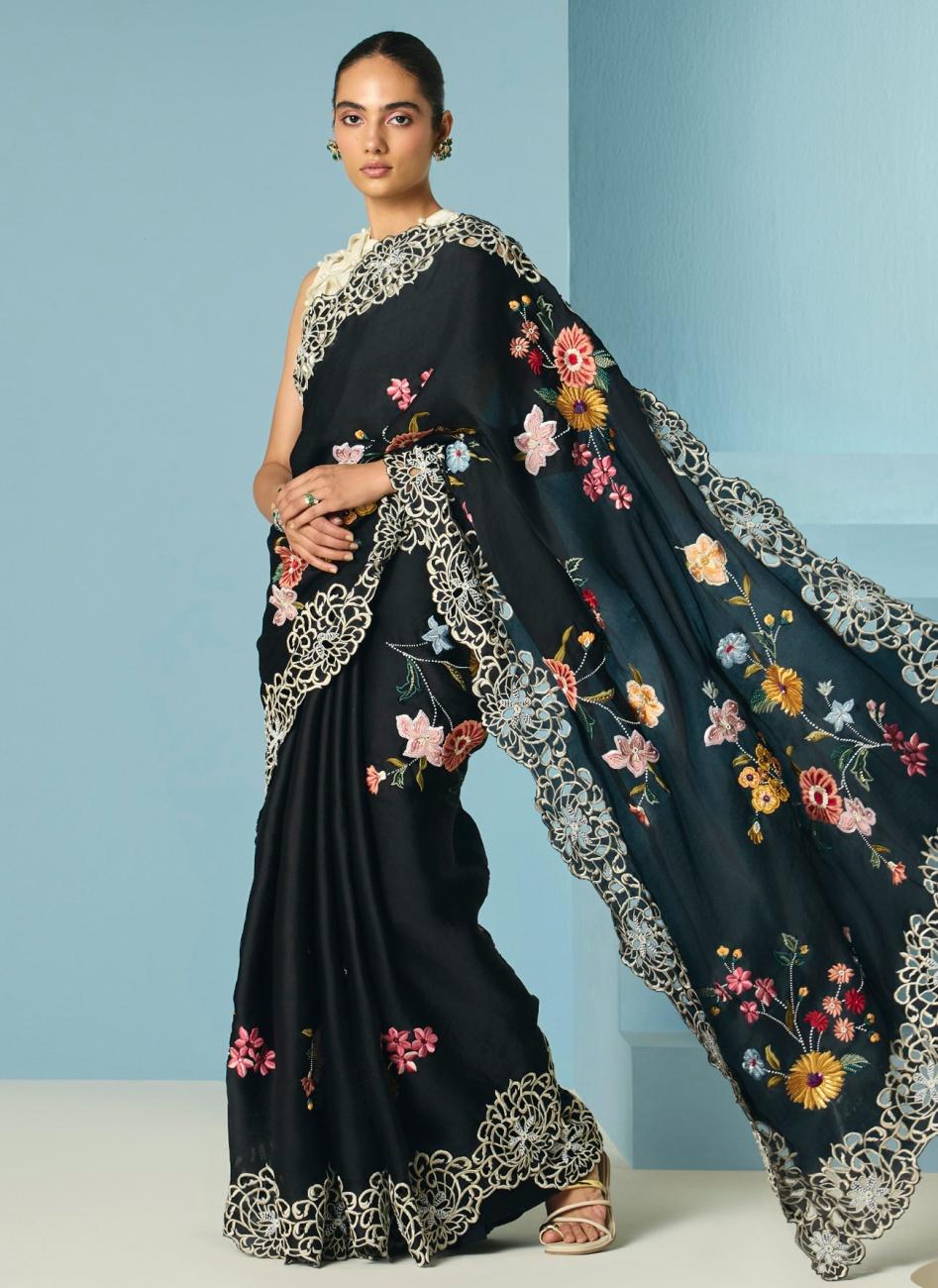 BLACK FLORAL FOLIAGE SAREE