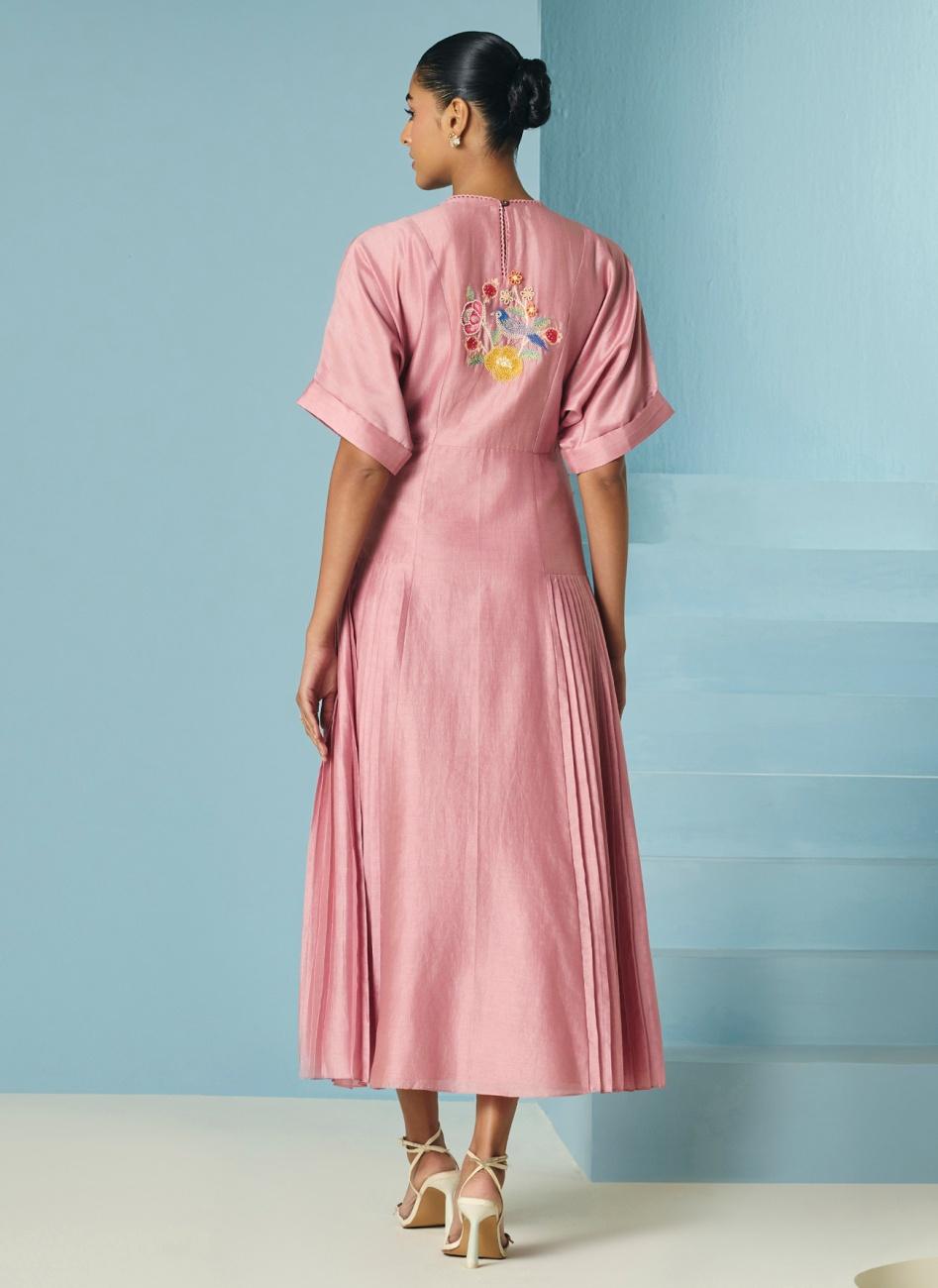 BLUSH FLORAL EMBROIDERED PLEATED MIDI DRESS