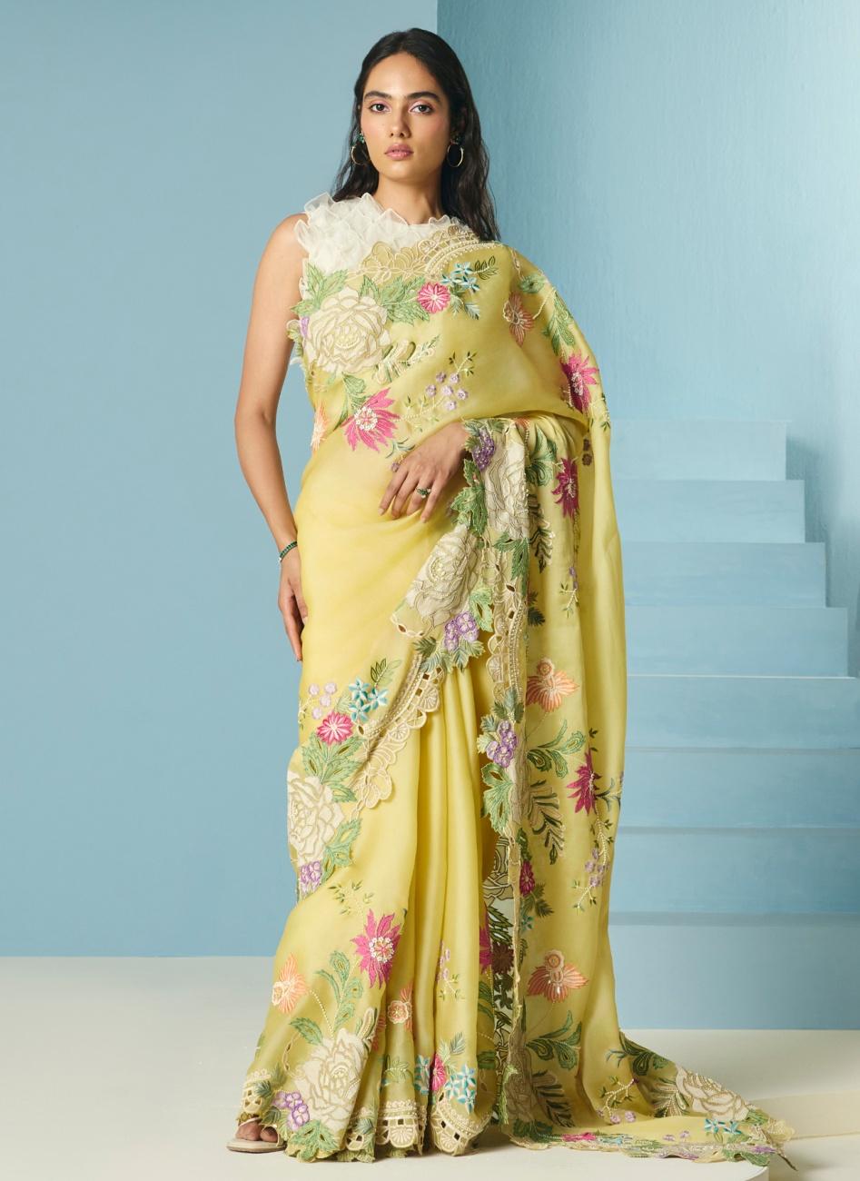 BUTTER YELLOW FLORAL APPLIQUE SAREE