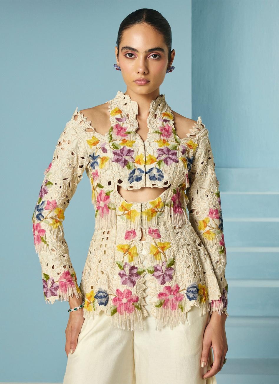 IVORY BEADWORK AND CUTWORK CUTOUT JACKET