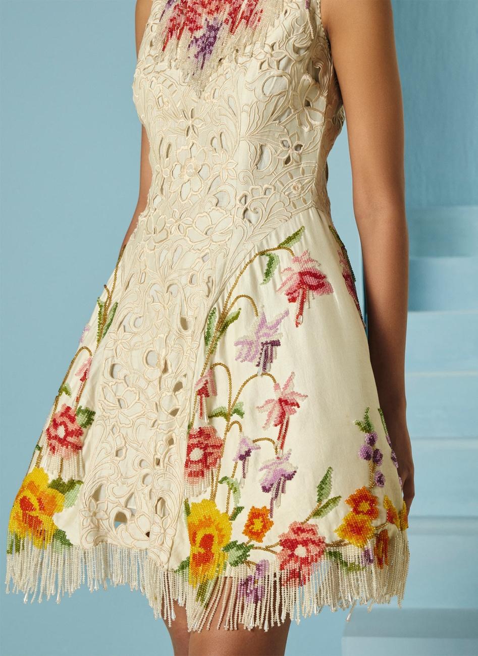 IVORY CUTWORK AND BEADWORK FRINGE PANELLED DRESS