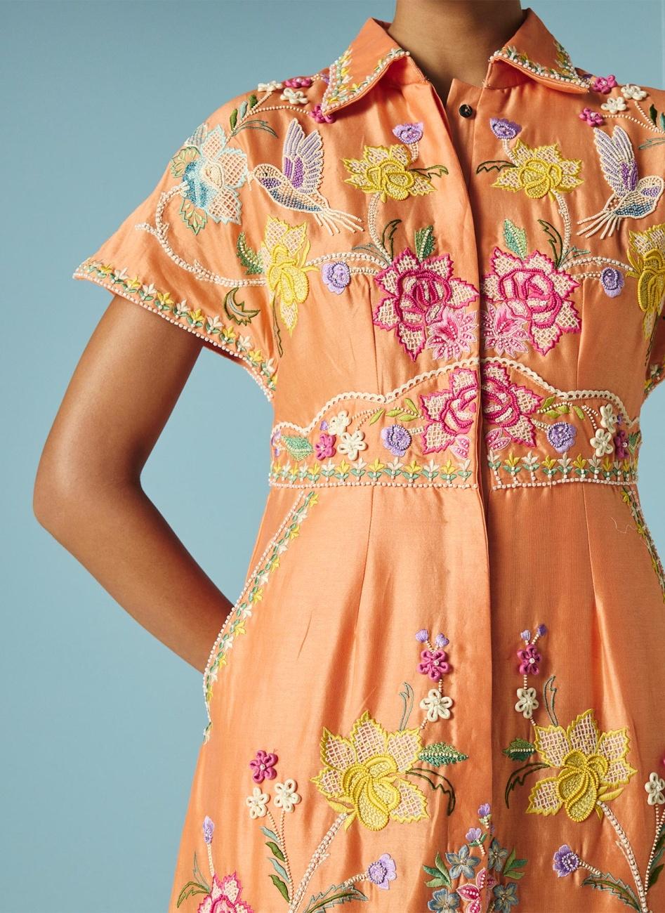 ORANGE EMBROIDERED SHIRT DRESS