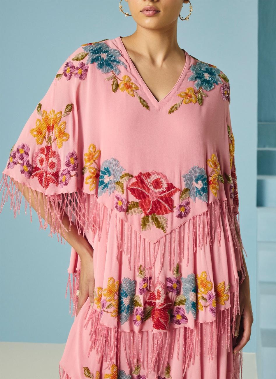 PINK FLORAL BEADWORK TIERED DRESS