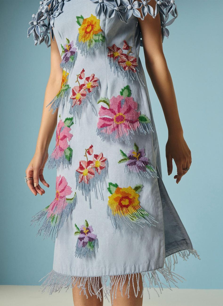 POWDER BLUE FLORAL BEADWORK CAPE DRESS