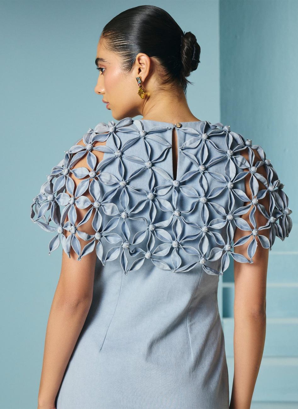 POWDER BLUE FLORAL BEADWORK CAPE DRESS