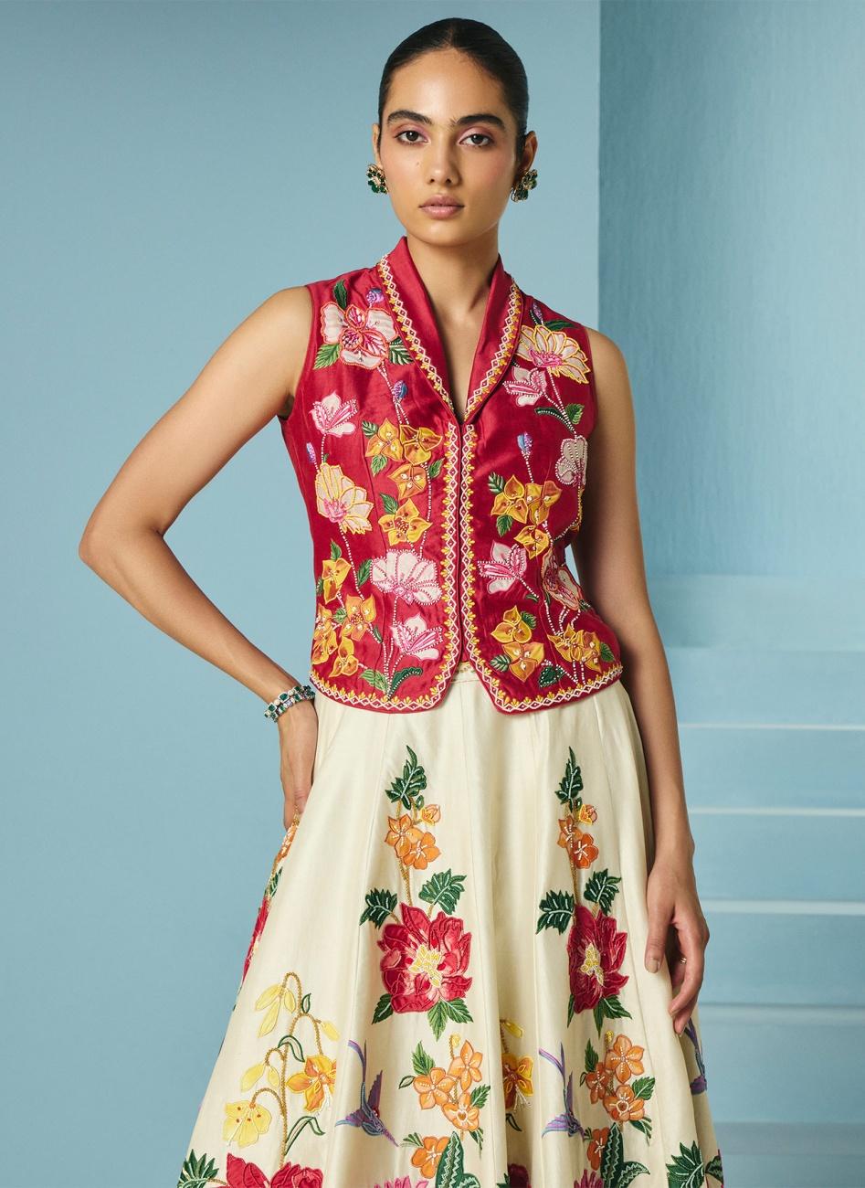 RED FLORAL APPLIQUE WAISTCOAT