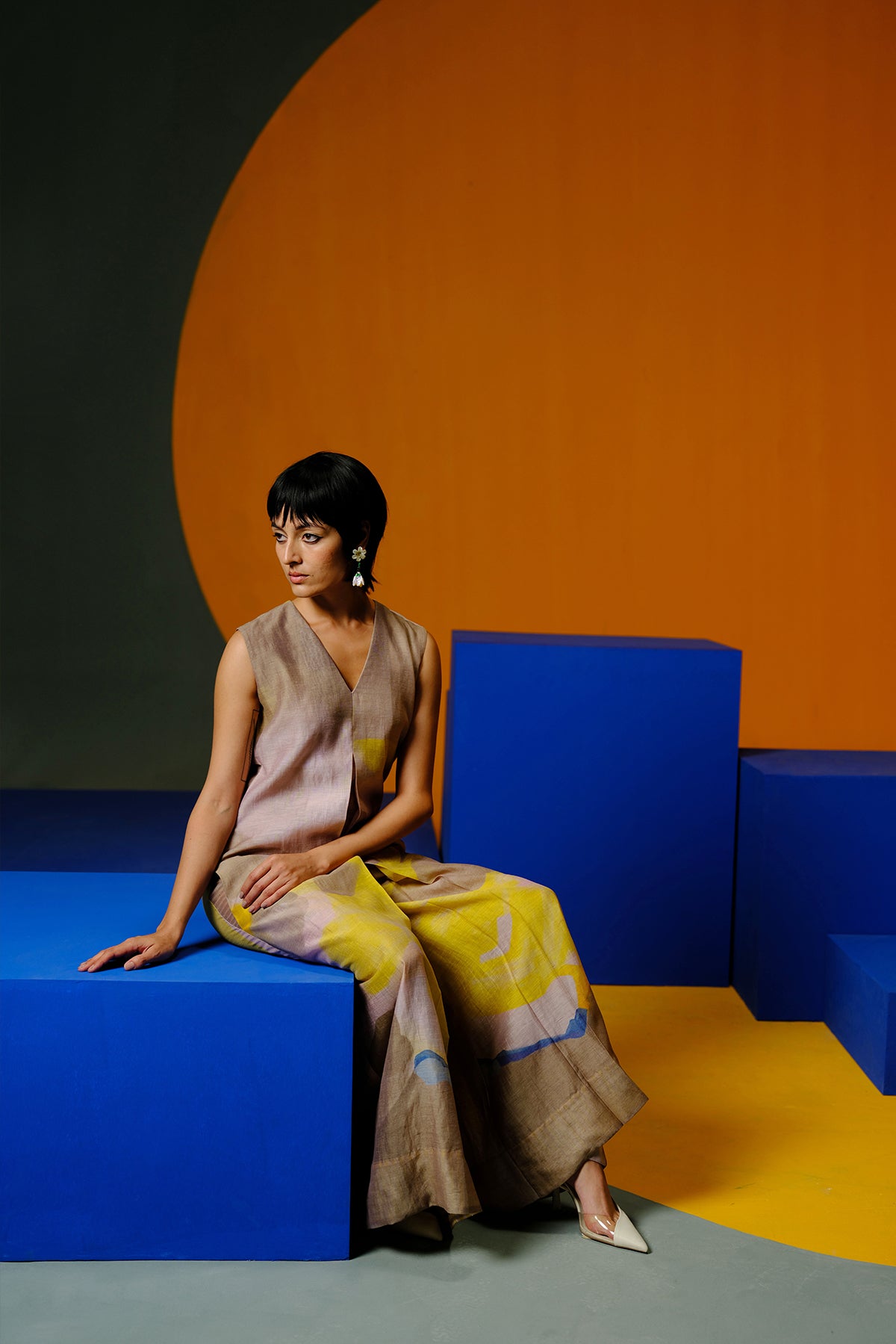 Candy Floss smoky beige & bright yellow jumpsuit