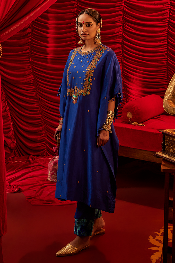 Elegant Chandani Blue Silk Kaftan & Pant Set with Marodi Resham Embroidery