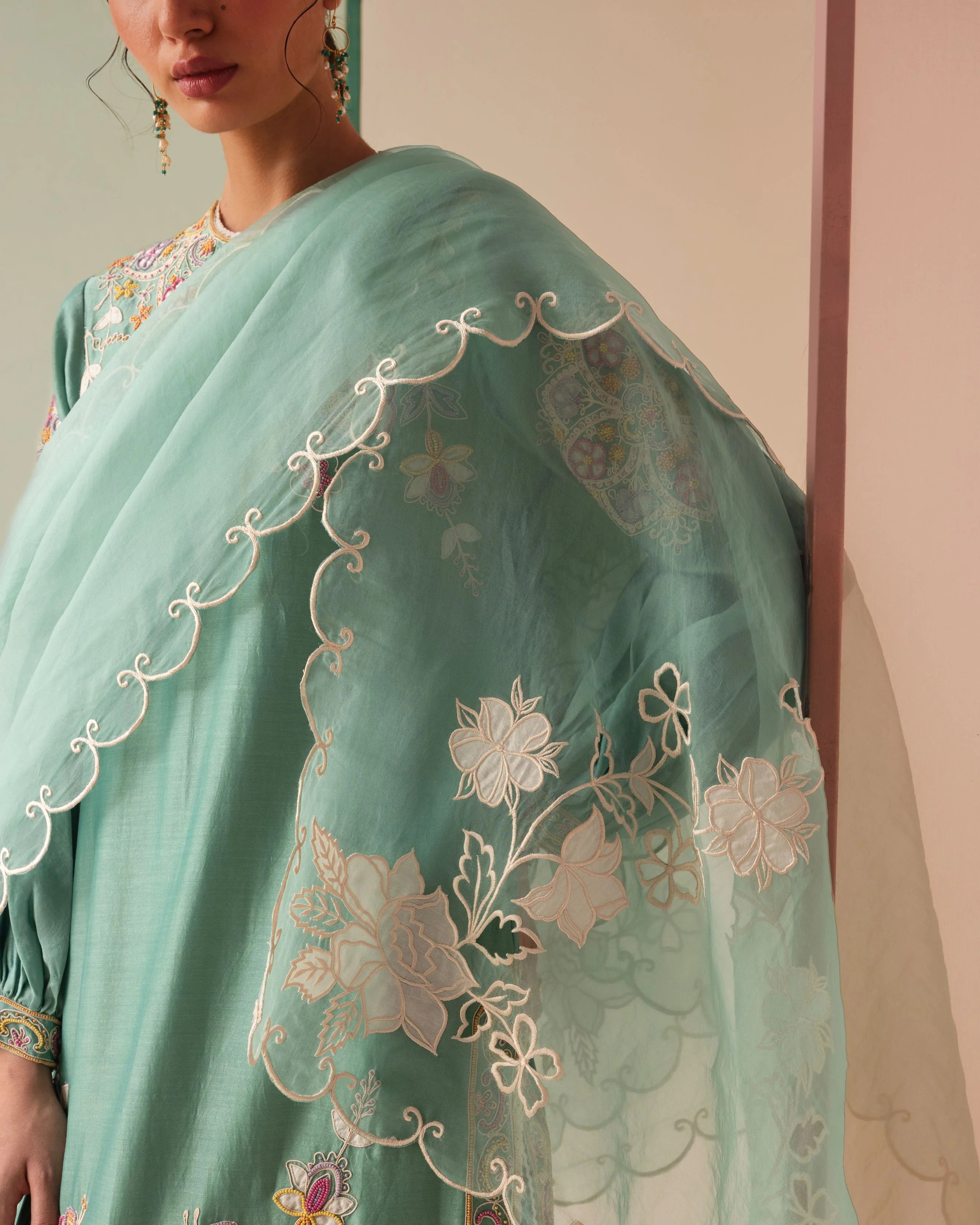 AQUA CUTWORK AND APPLIQUE ORGANZA DUPATTA