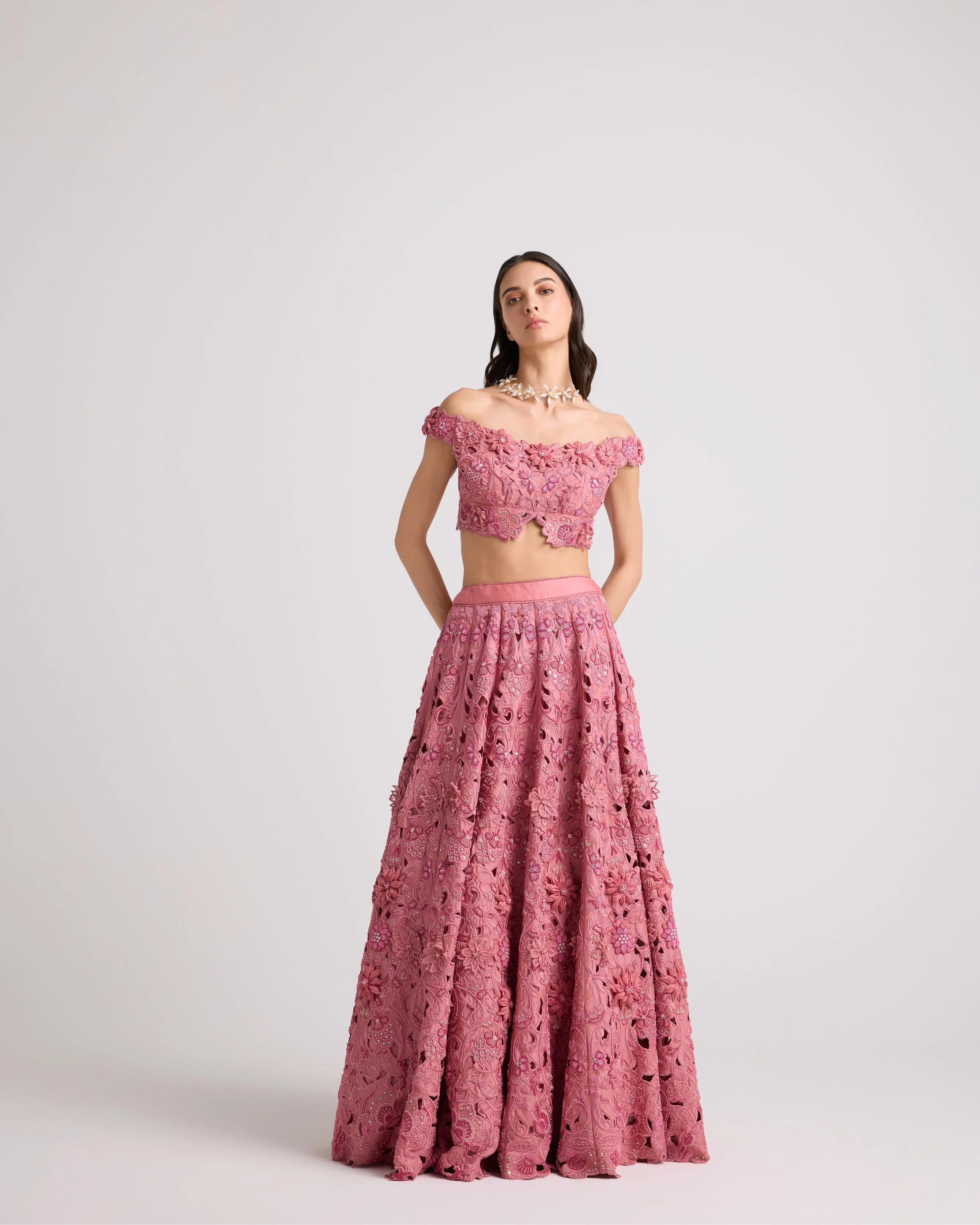 Blush 3D Floral Applique And Beadwork Lehenga