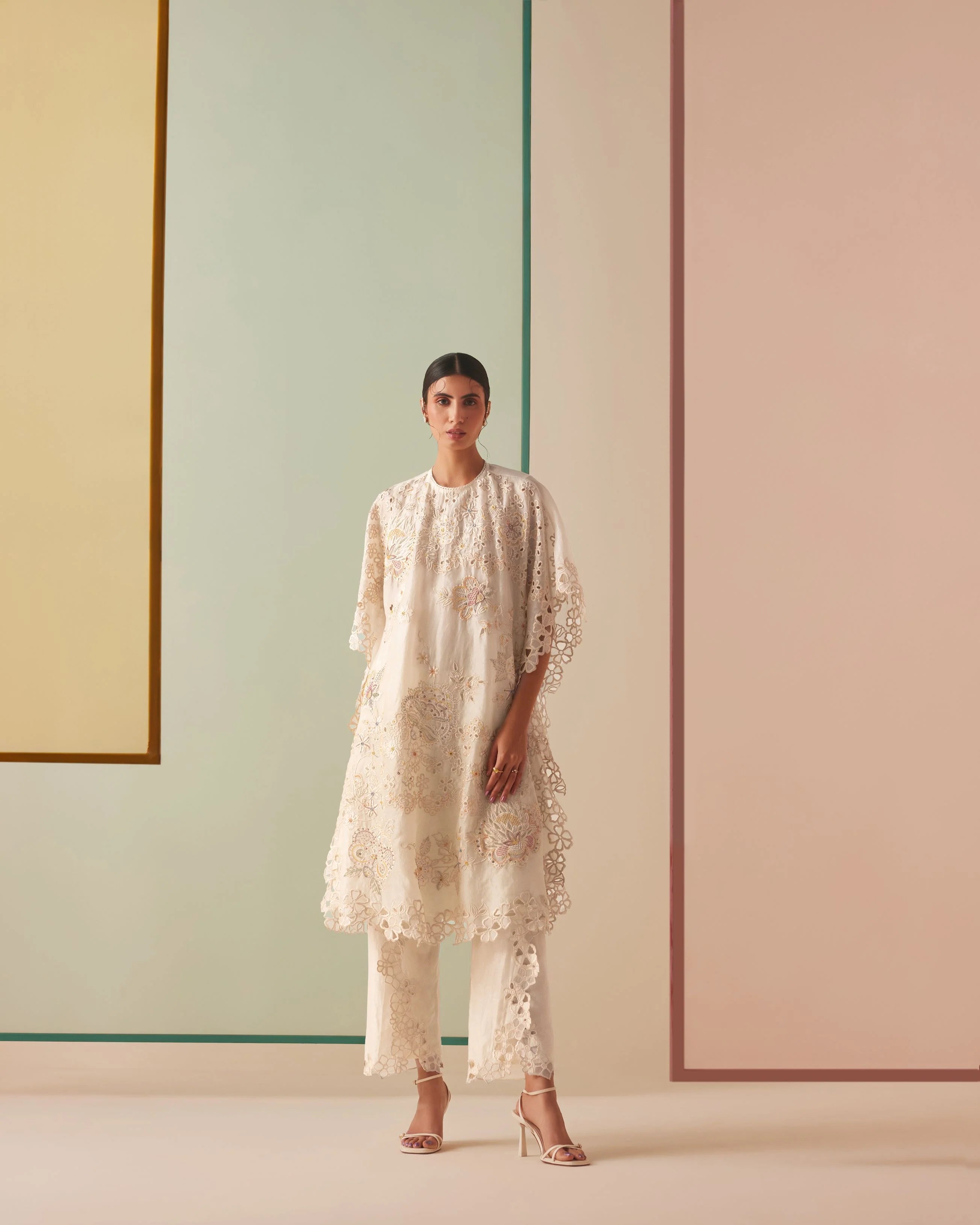 IVORY TONAL CUTWORK AND BEADWORK KAFTAN