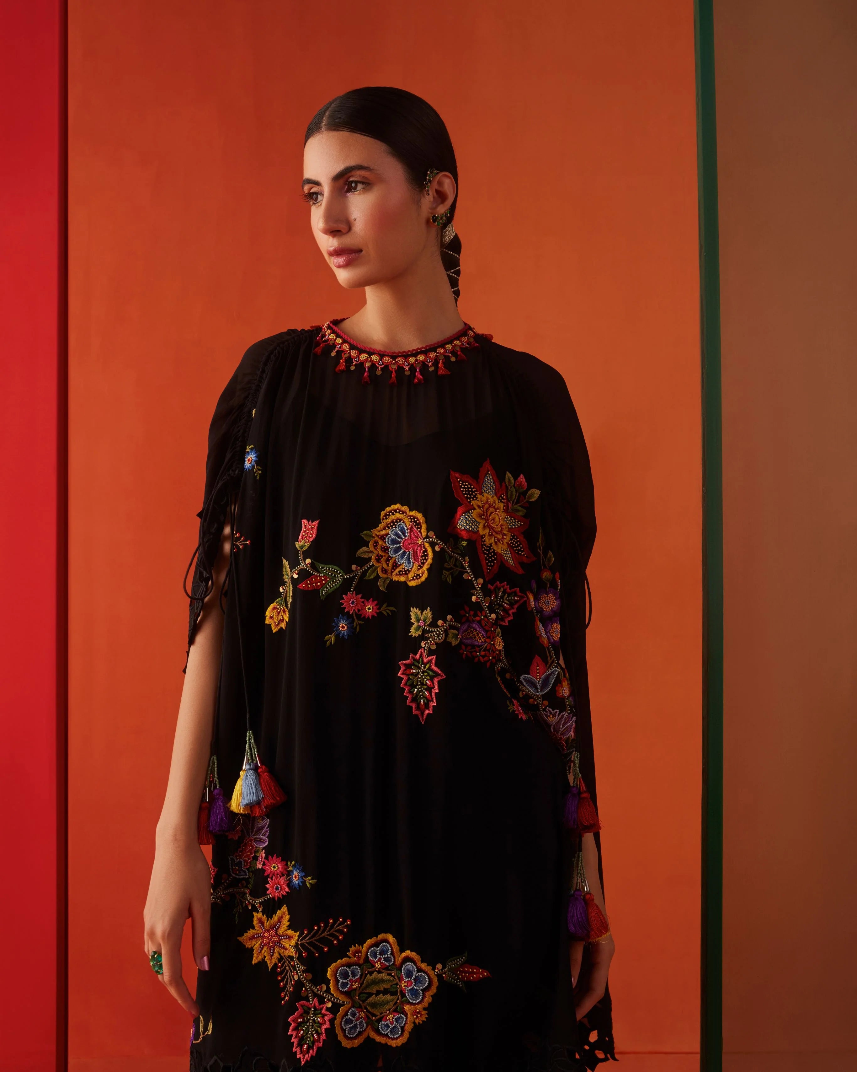 BLACK THREADWORK AND BEADWORK KAFTAN