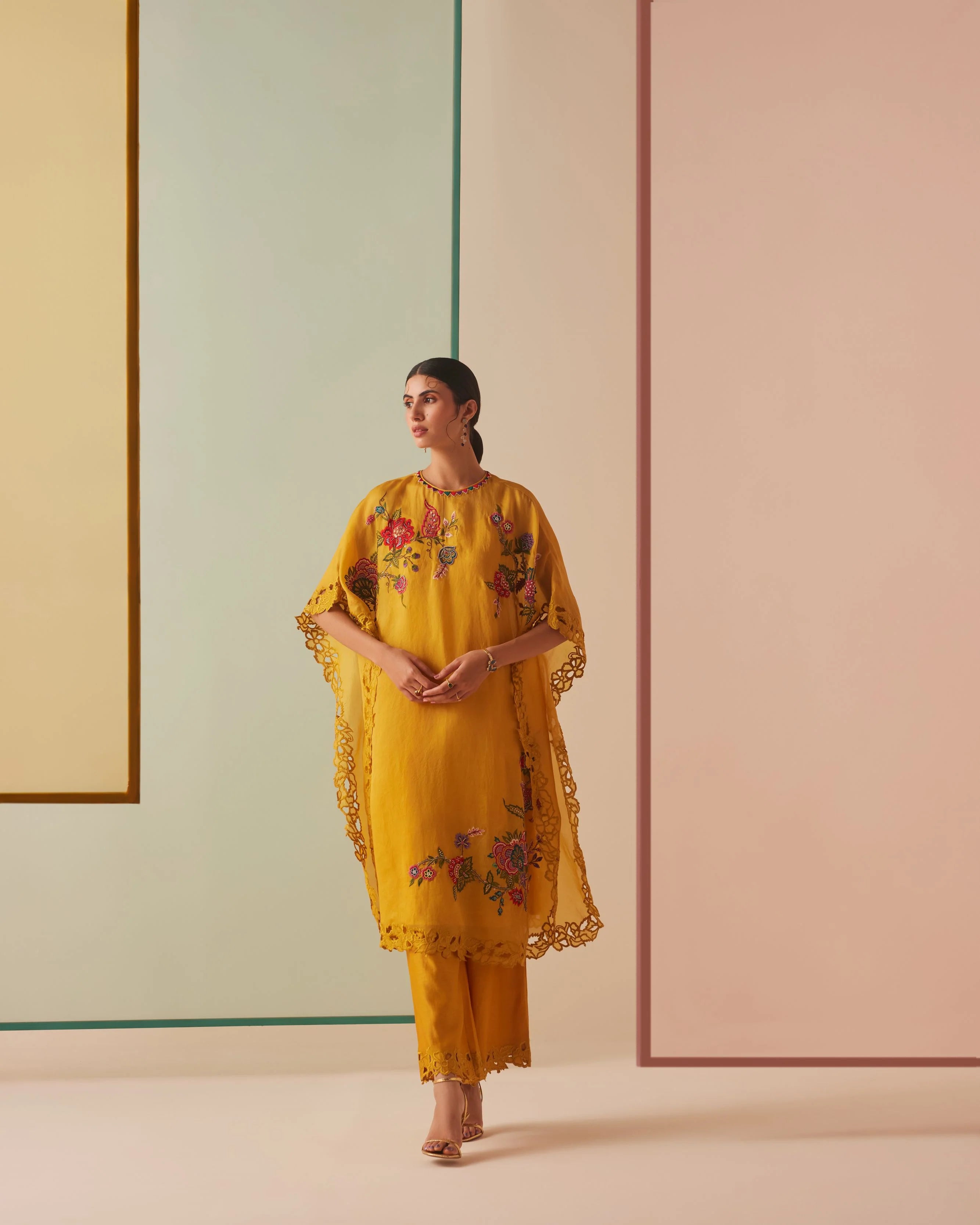 MUSTARD THREAD WORK AND CUTWORK KAFTAN WITH CUTWORK PANTS
