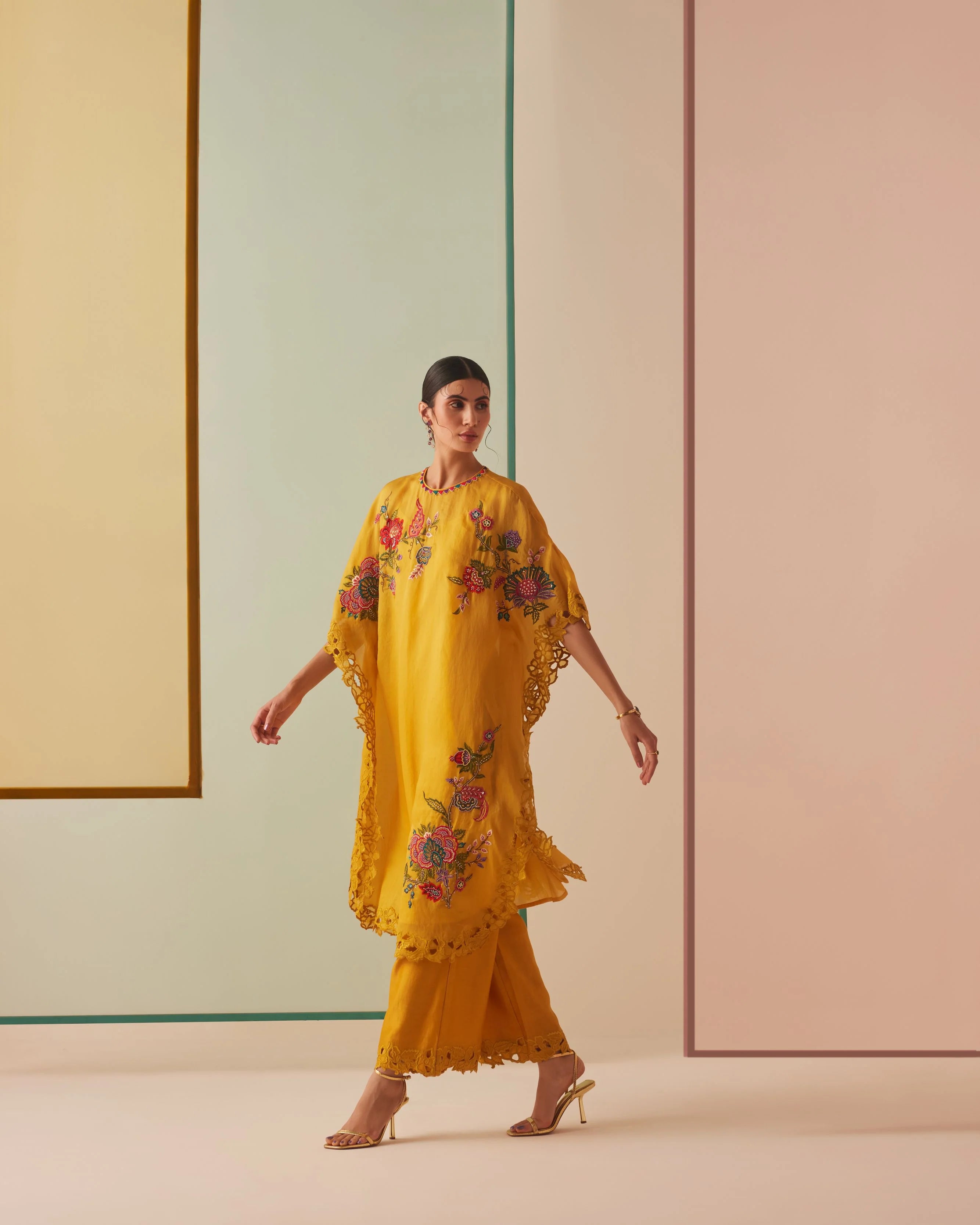 MUSTARD THREAD WORK AND CUTWORK KAFTAN WITH CUTWORK PANTS