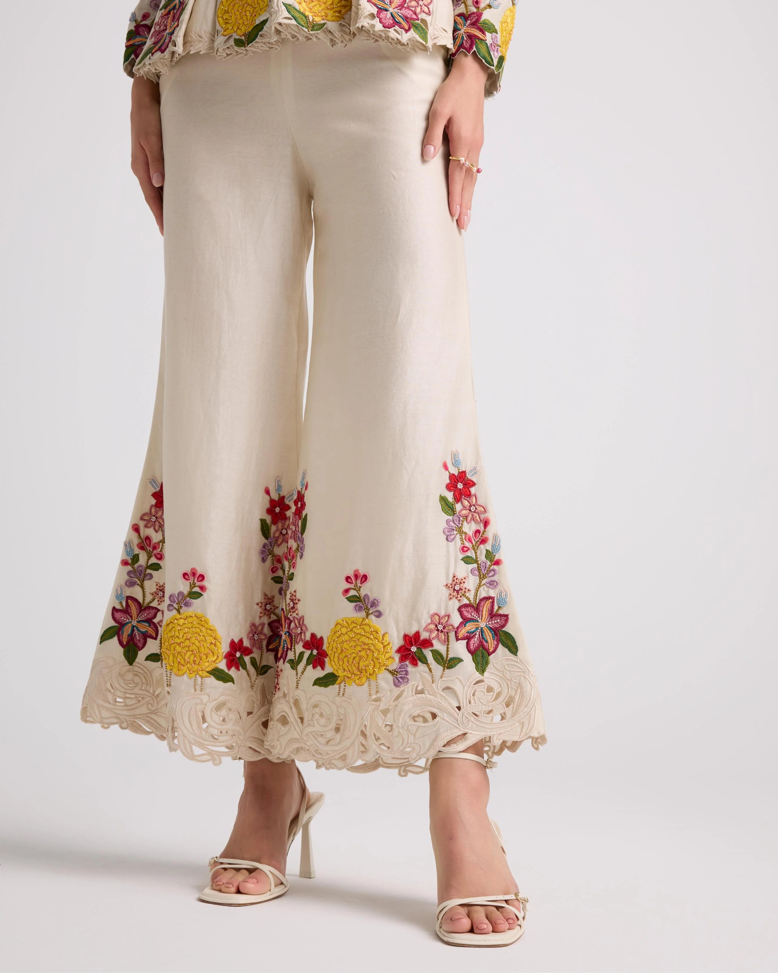 Ivory Floral Threadwork Bell Bottom Pants