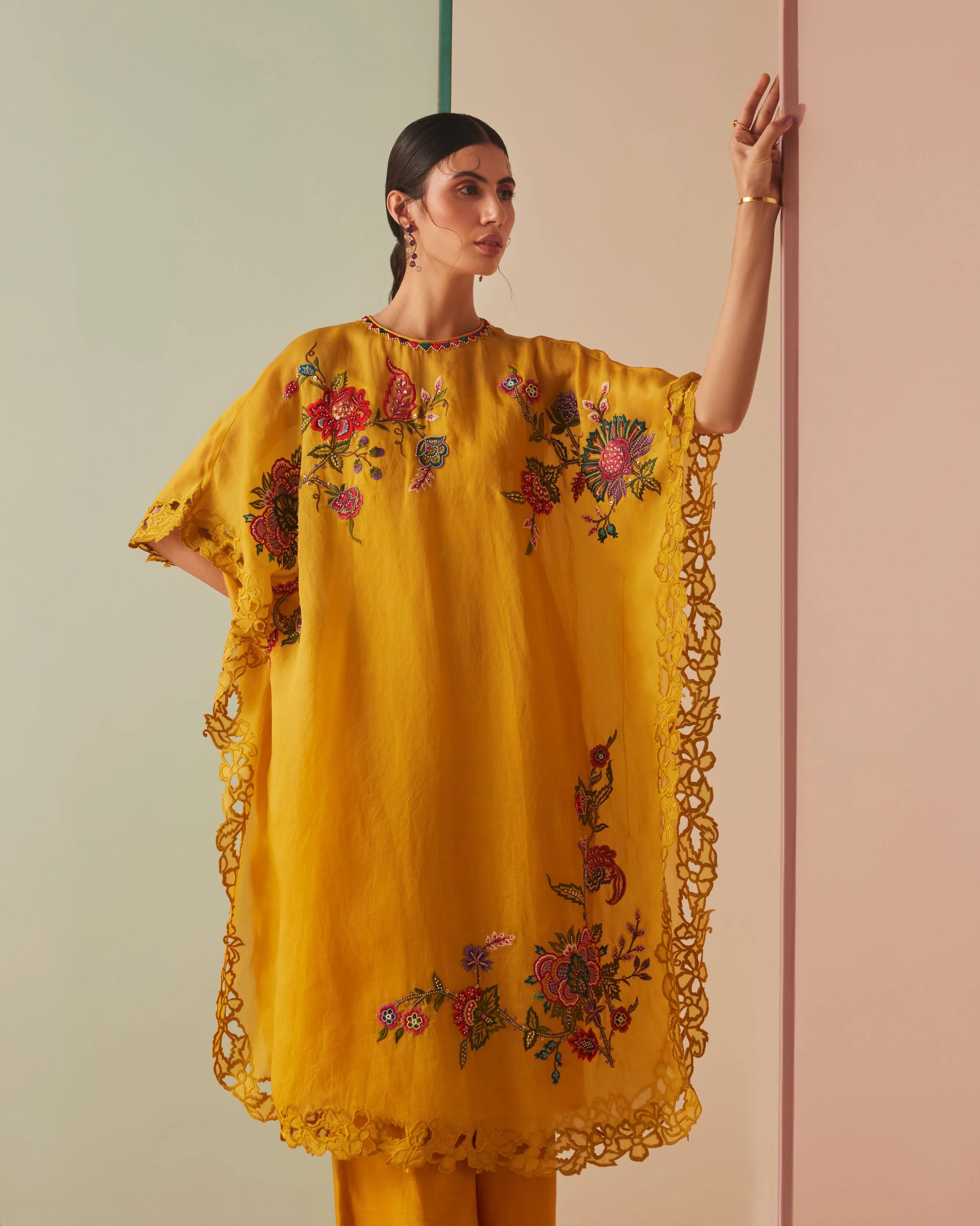 MUSTARD THREAD WORK AND CUTWORK KAFTAN WITH CUTWORK PANTS