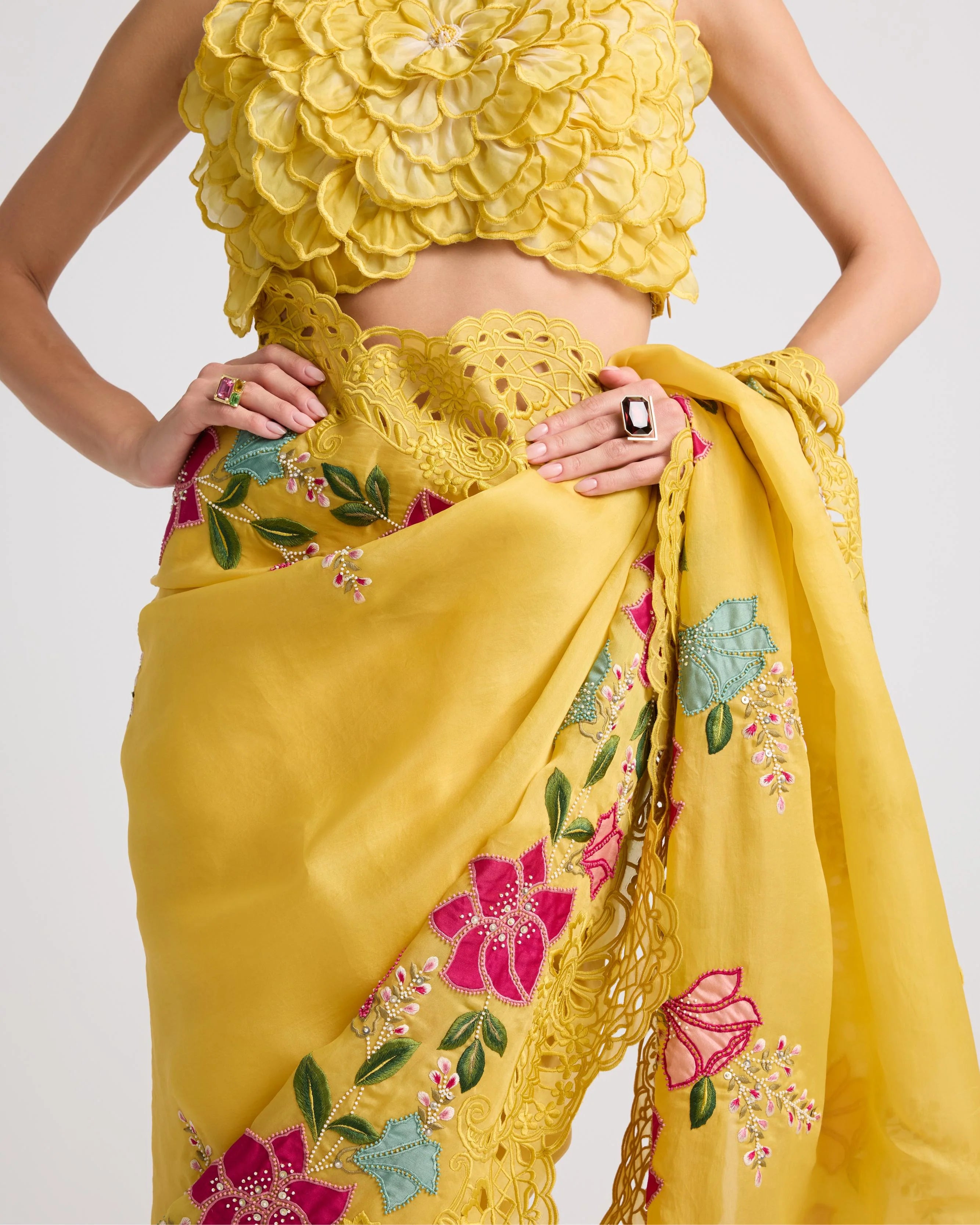 Yellow Floral Applique And Cutwork Saree
