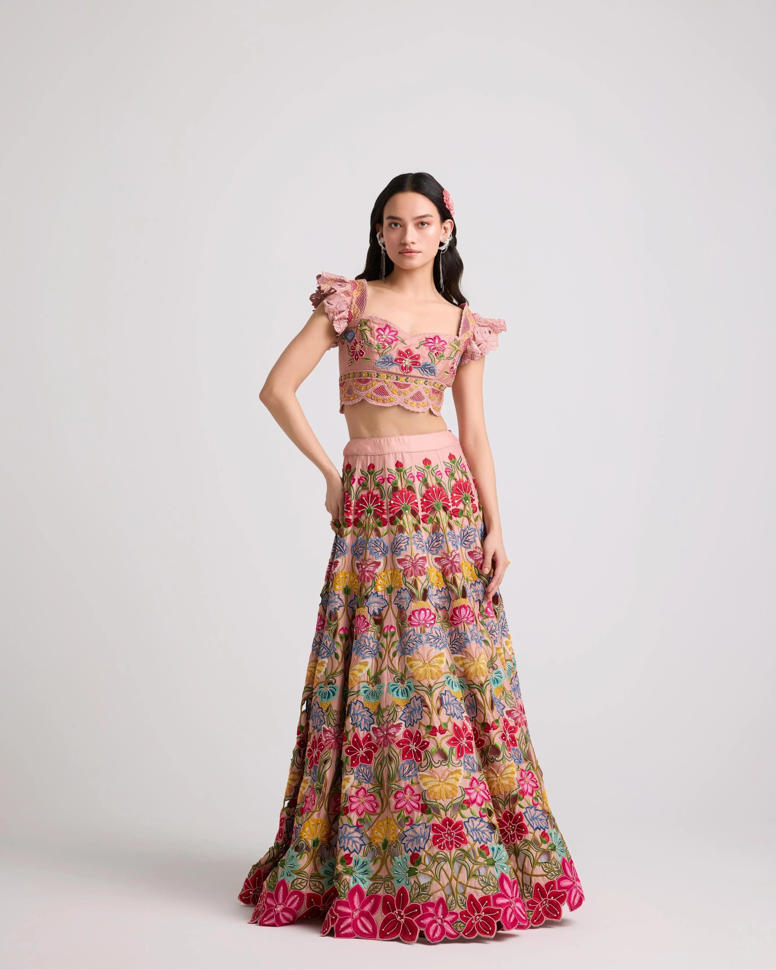 Soft Pink Multicolor Floral Lehenga
