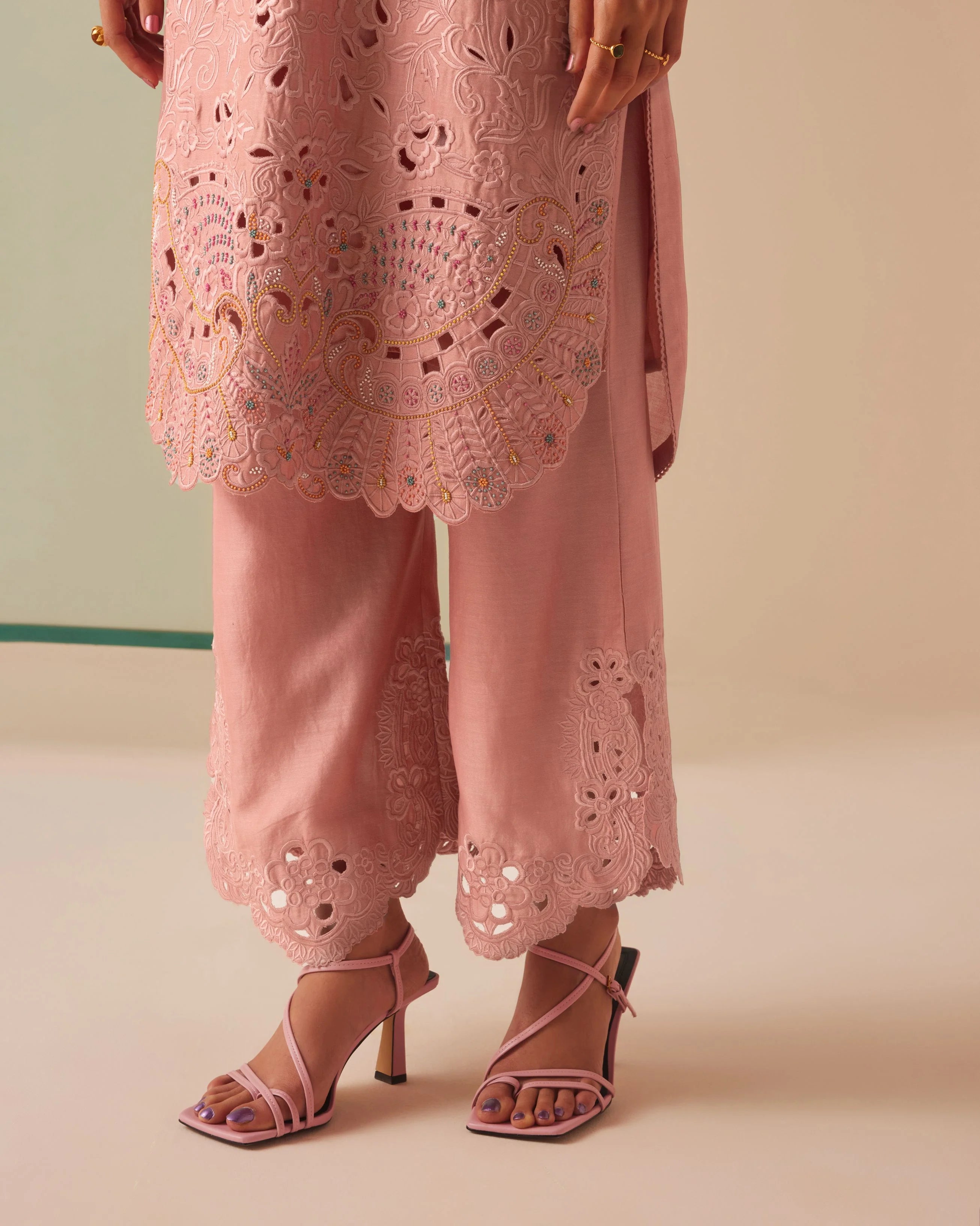 OLD ROSE CUTWORK AND BEADWORK KURTA WITH CUTWORK PANTS