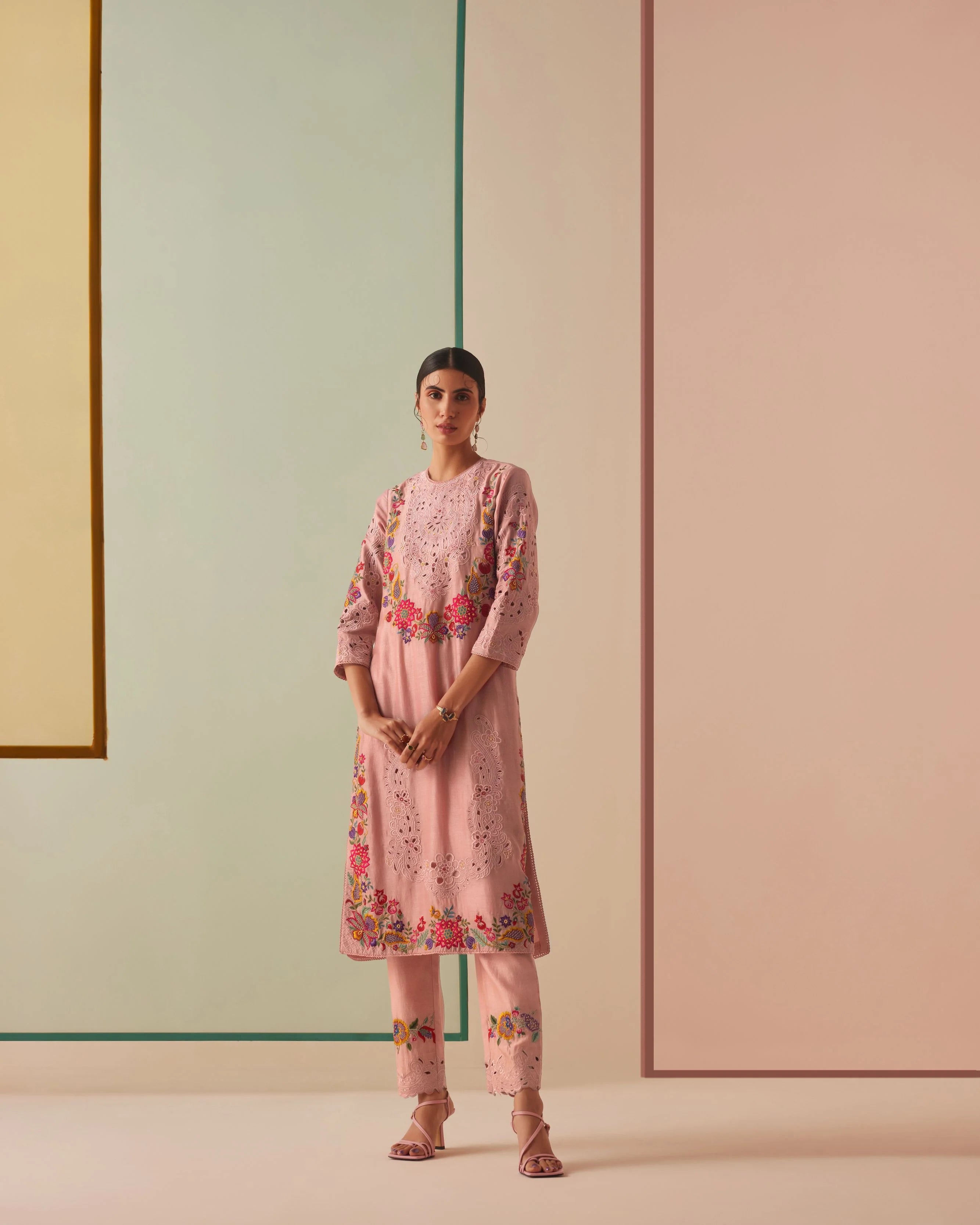 Old Rose Threadwork And Cutwork Kurta With Embroidered Pants