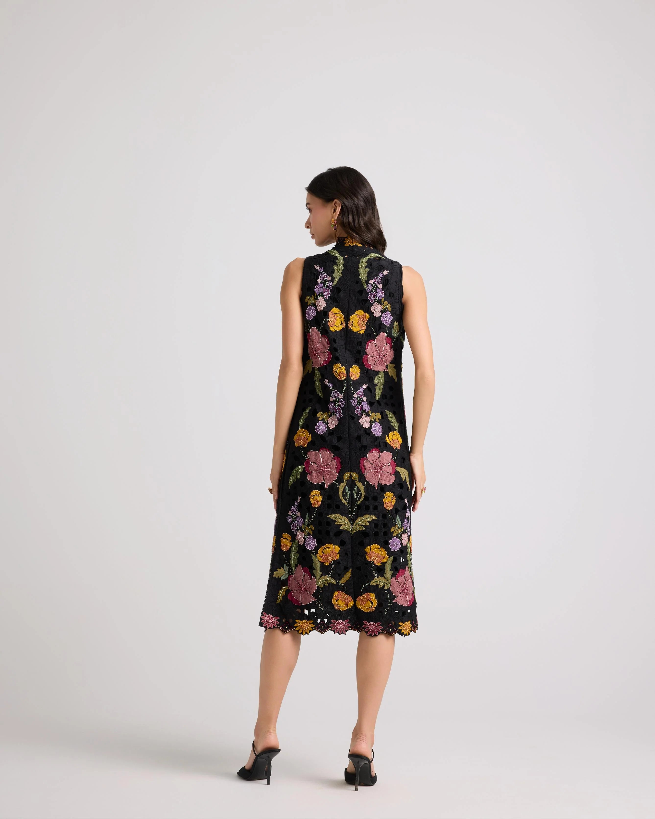 Black Floral Threadwork And Beadwork Long Jacket