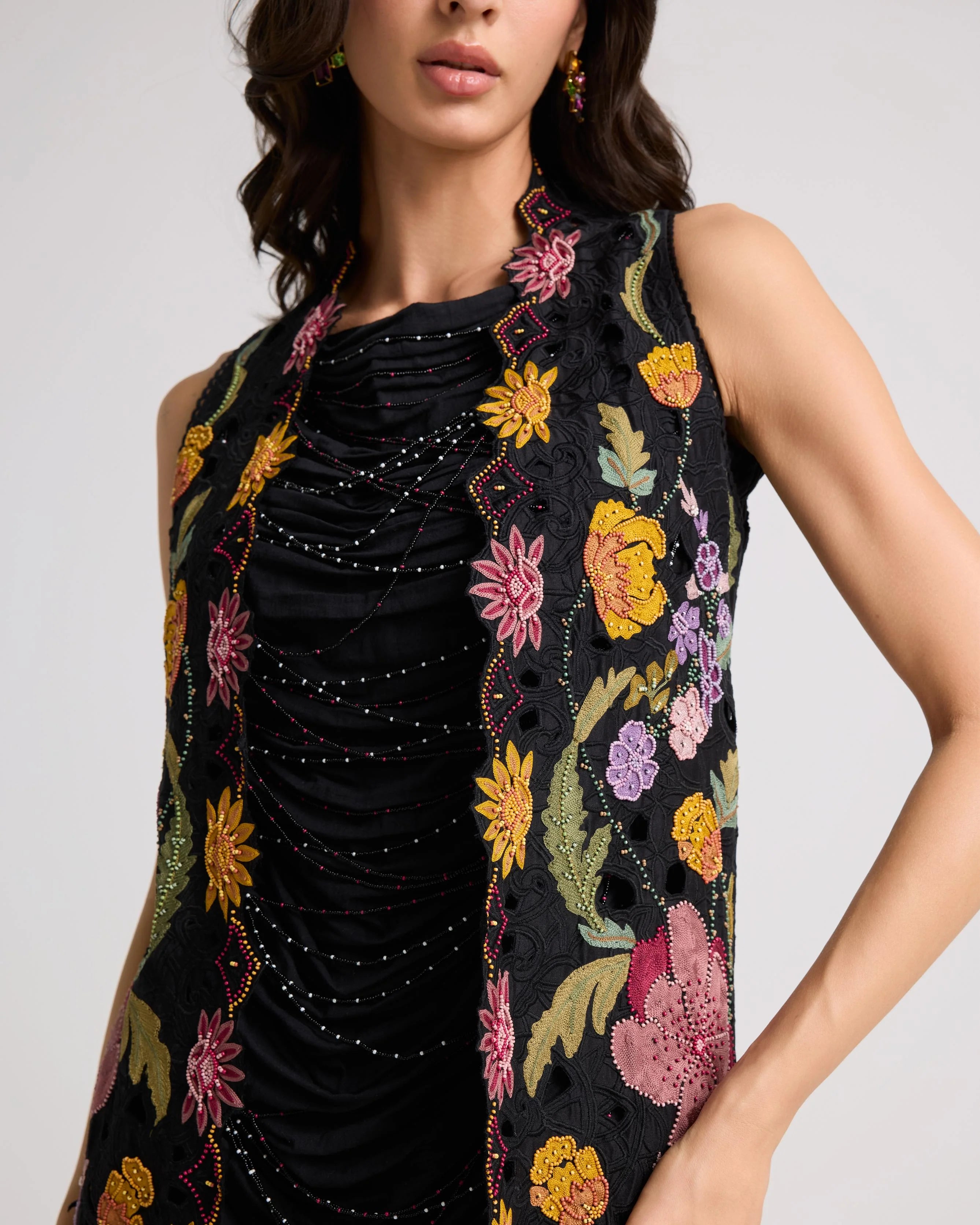 Black Floral Threadwork And Beadwork Long Jacket
