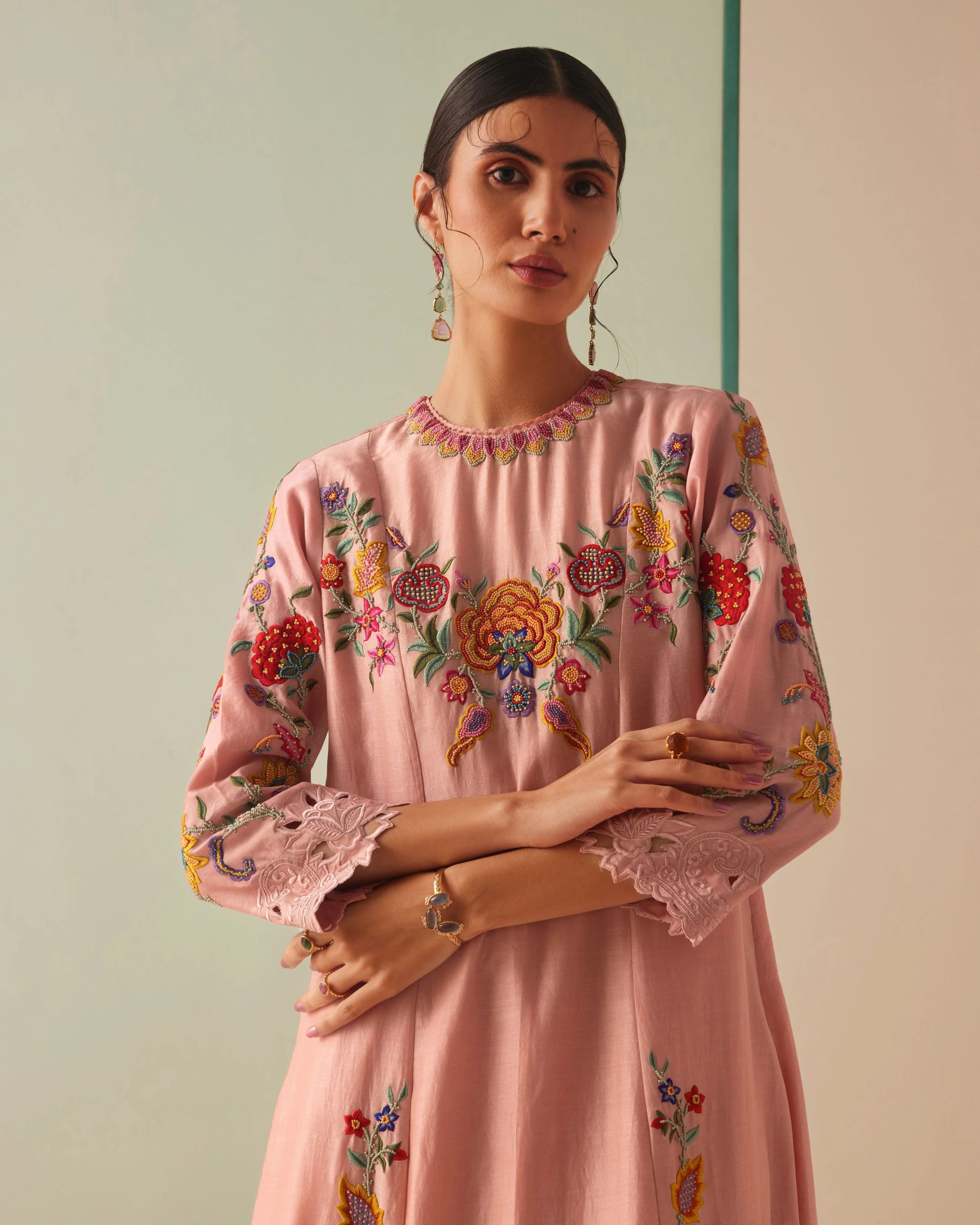 OLD ROSE EMBROIDERED FLARED KURTA WITH EMBROIDERED PANTS