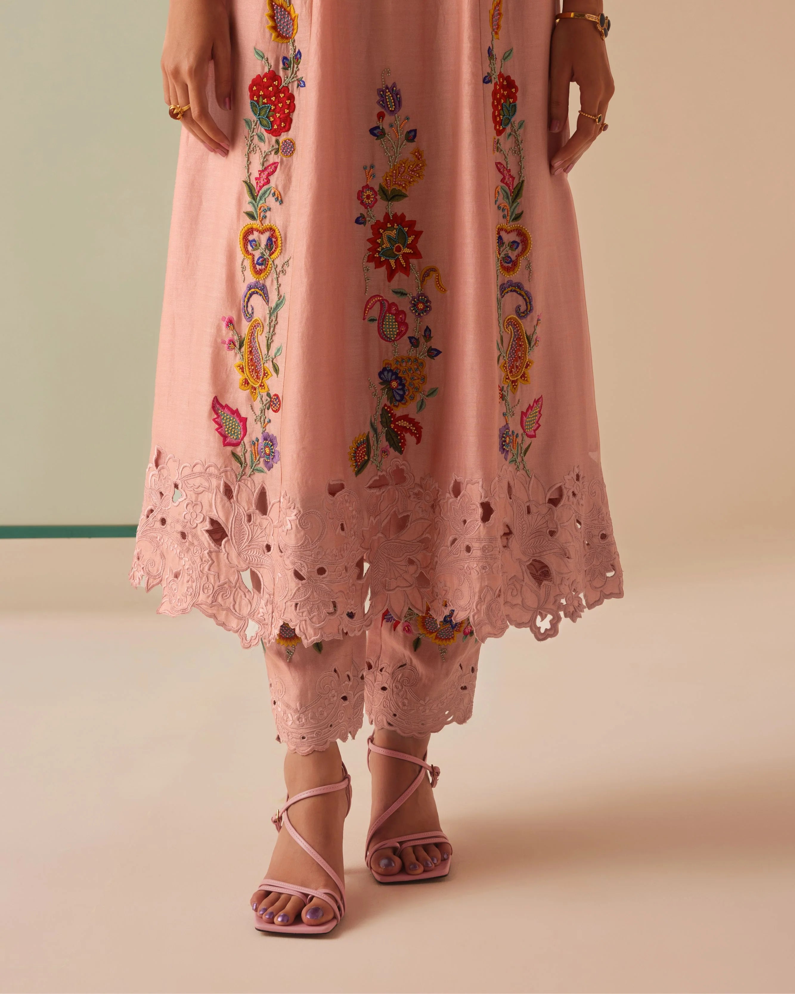 OLD ROSE EMBROIDERED FLARED KURTA WITH EMBROIDERED PANTS