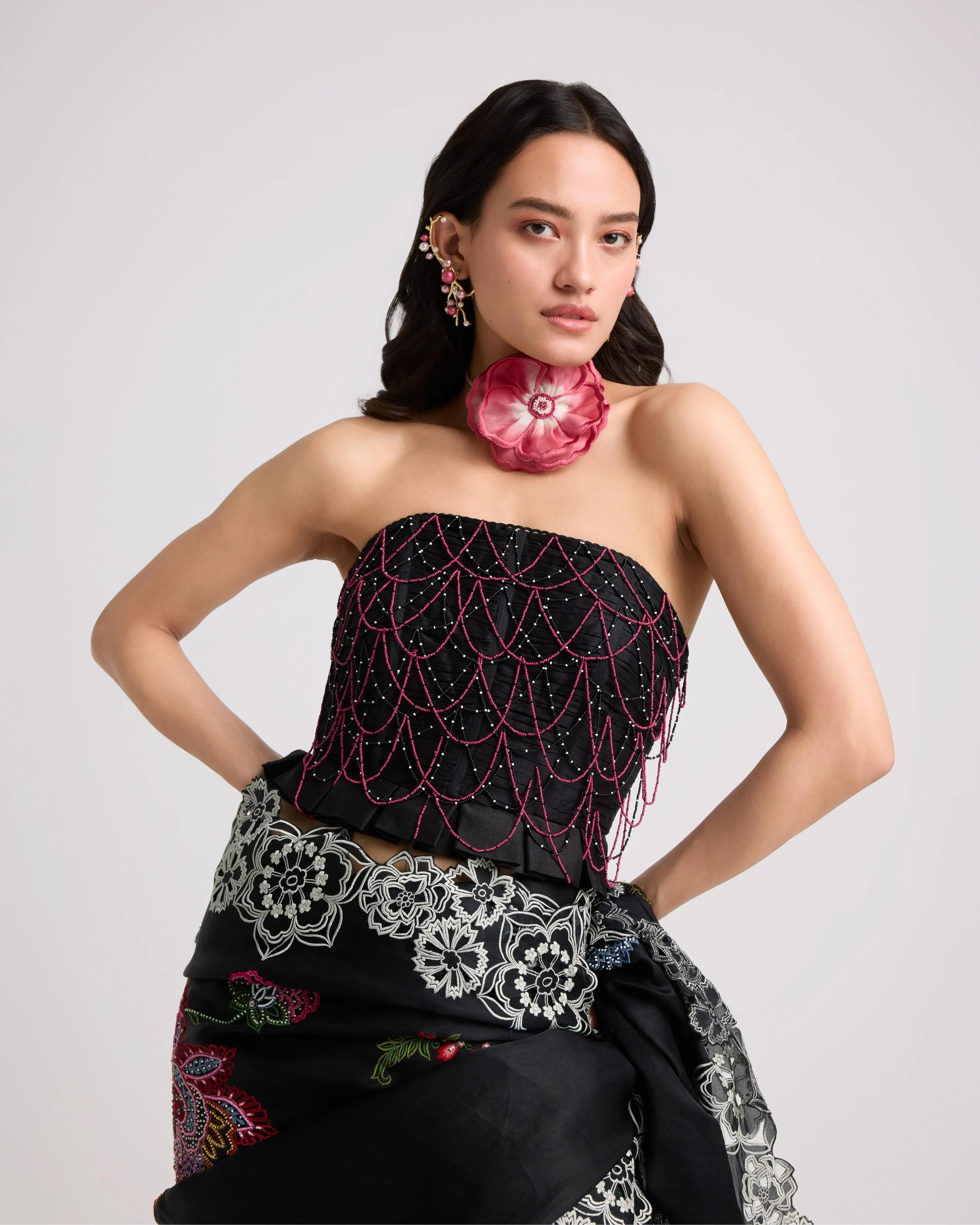 Black Beadwork Ruched Corset